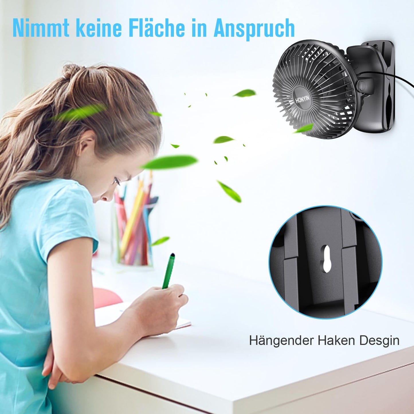 HONYIN Mini Fan with Clip, 720° Rotation Small USB Fan, Strong + Stable Clamp, 3 Speed Levels, Great as Desk Fan in Office and Bedroom