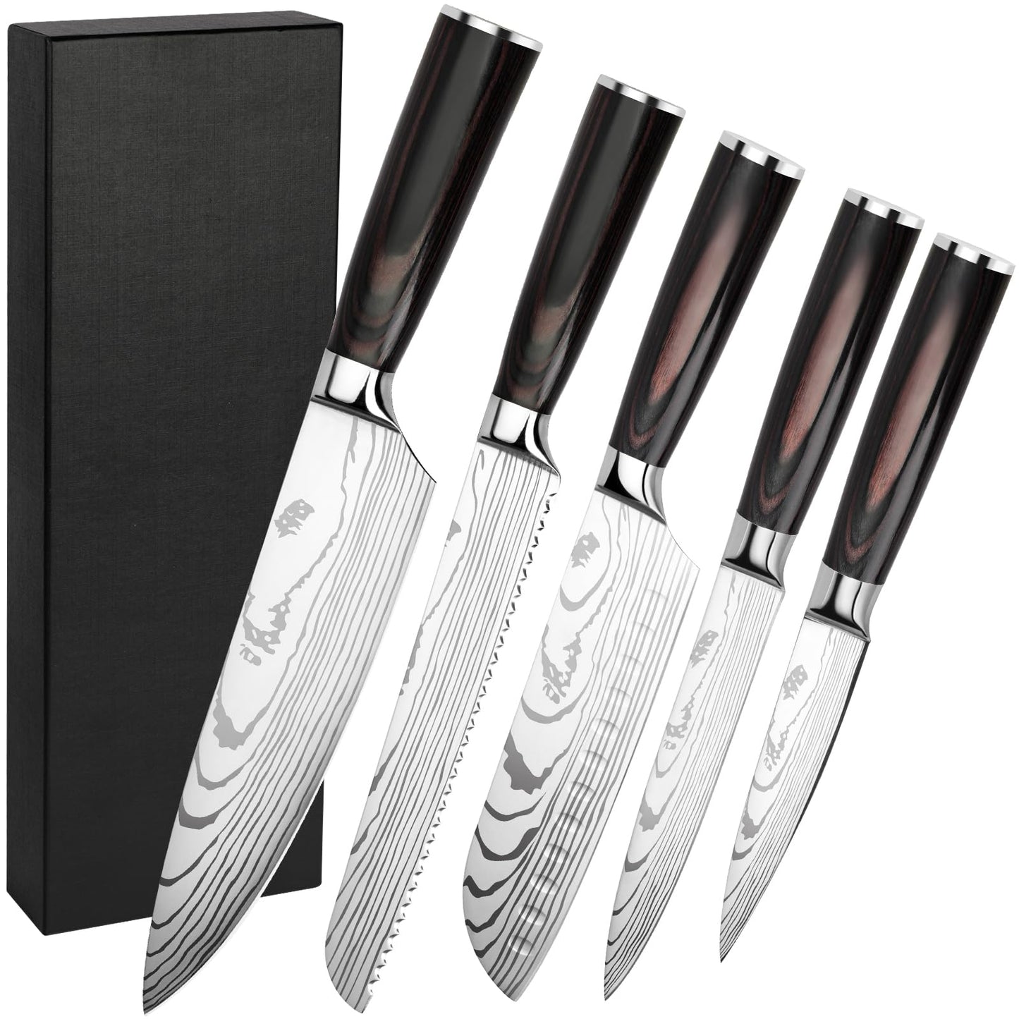 Gustrug Knife Set 5-piece kitchen knife set made of high-quality stainless steel, ergonomic handle, professional knife set with chef's knife, bread knife, Santoku knife, utility knife, vegetable knife - gift box