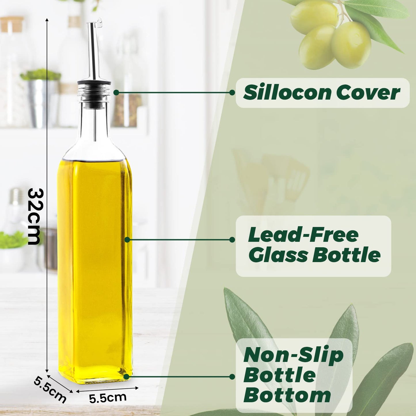 Oil bottle, 4x 500 ml vinegar and oil dispenser, olive oil bottle with funnel, anti-drip lid, label, glass bottle for kitchen and BBQ (transparent, 500ml)