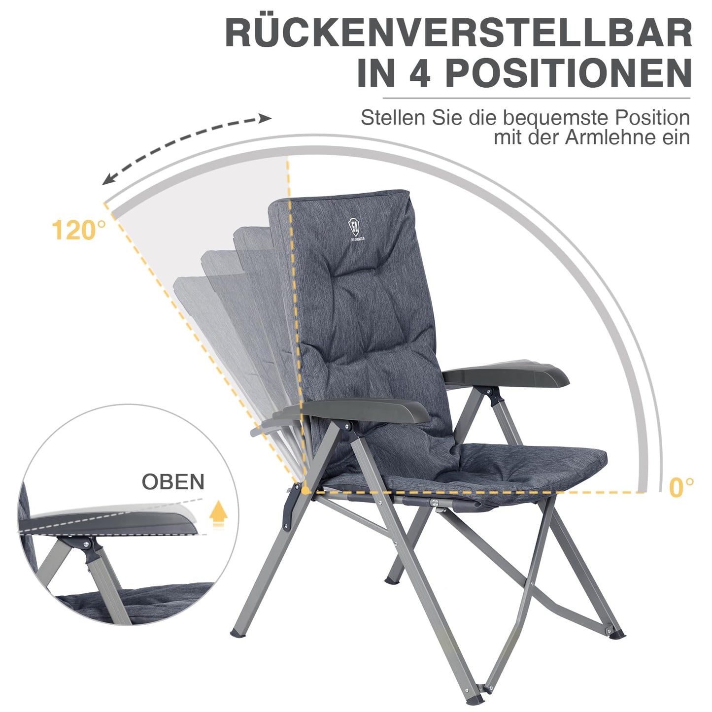 EVER ADVANCED Folding Camping Chair with 4-Position Adjustable Backrest, 330lbs Capacity, Luxury Padded 6cm Thick Garden Chair, High Backrest Fishing Chair for Camping Garden Balcony, Alu+Steel.