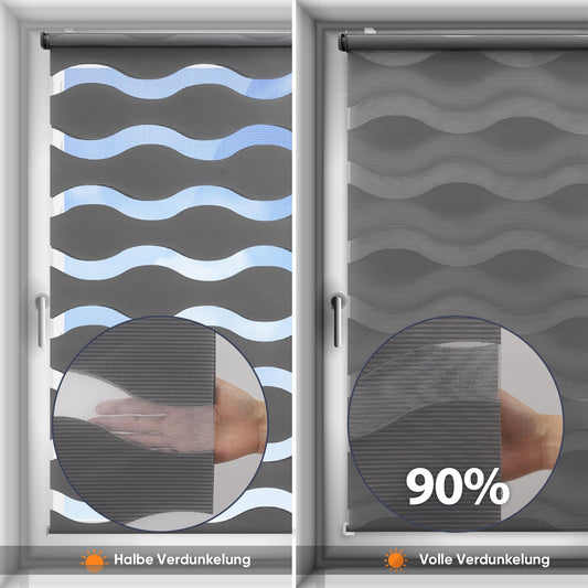 Sekey Double Roller Blind Waves Clamp Fix without drilling for windows, double roller blind 105 cm wide, duo roller blind wave blinds sun protection, 105x130cm, dark gray