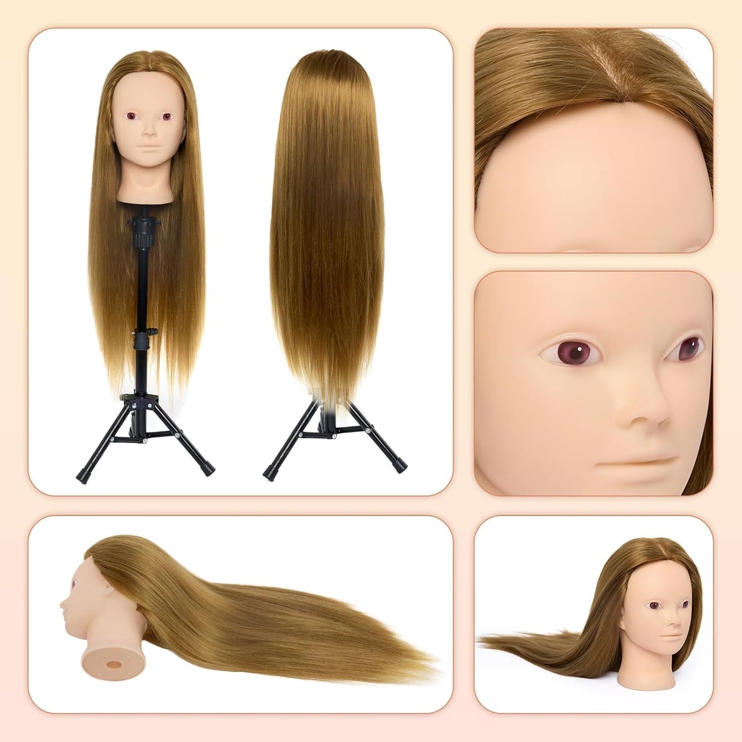 Neverland 24 inch Makeup Head Styling Head Hairdresser with Stand 50% Human Hair Practice Head Training Heads Doll Head Barber Head Training Head With Holder + Hair Styling Braid Set