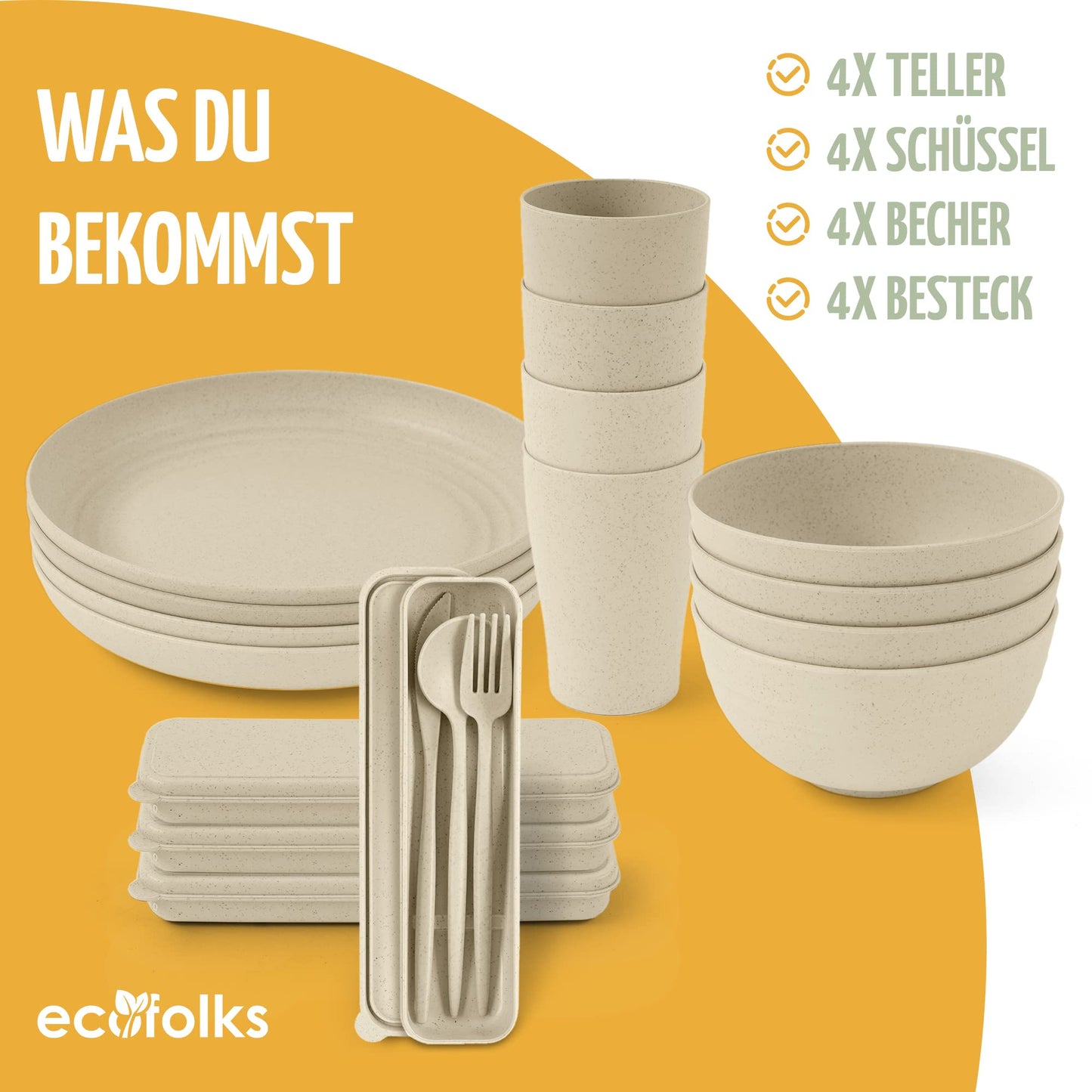 Ecofolks environmentally friendly camping dinnerware set -100% recycled material | Reusable, colorful, for RV, picnic, outdoor & kids | Color beige