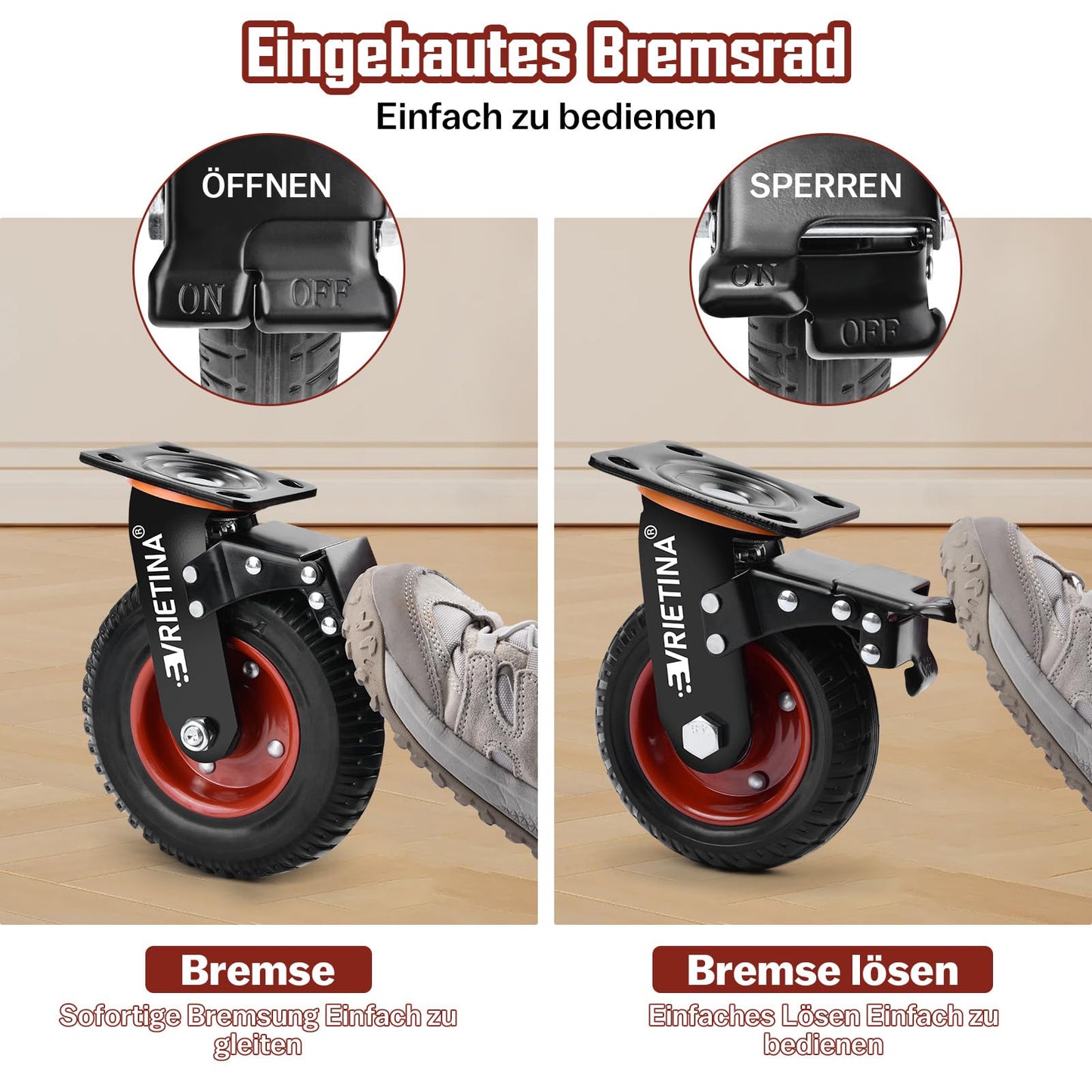 4 heavy-duty casters 150mm swivel casters with brakes, 360° rotating transport casters with heavy-duty top plate solid rubber wheels made of non-slip polychloride load capacity 1000kg (2 swivel casters 2 brake casters).