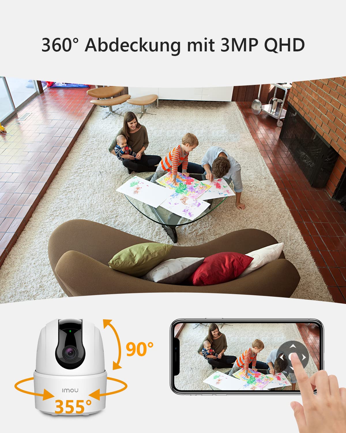 Imou 2K indoor surveillance camera with 360° coverage, AI person detection, automatic tracking, night vision, two-way audio, siren, works with Alexa.