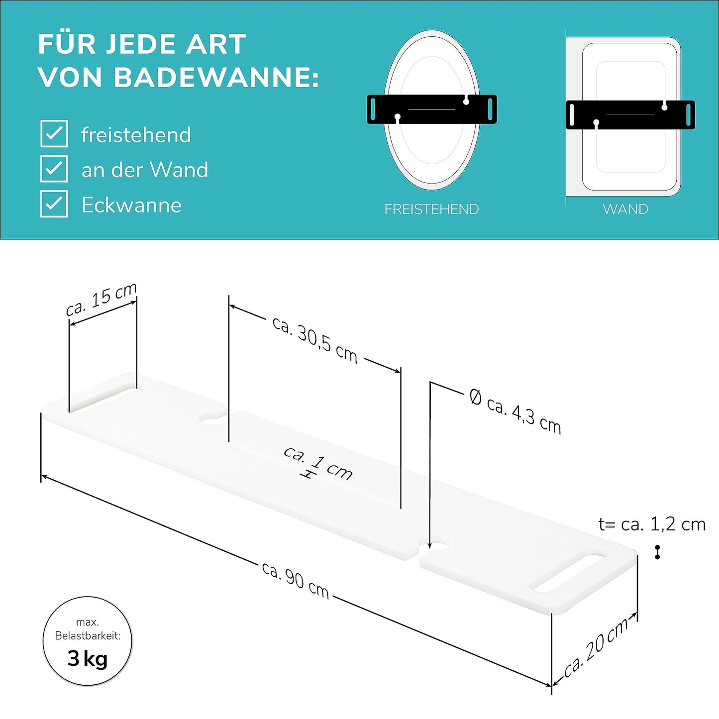 eluno bathtub tray with drink holder and tablet slot made of acrylic, approx. 90 cm (white/high-gloss)