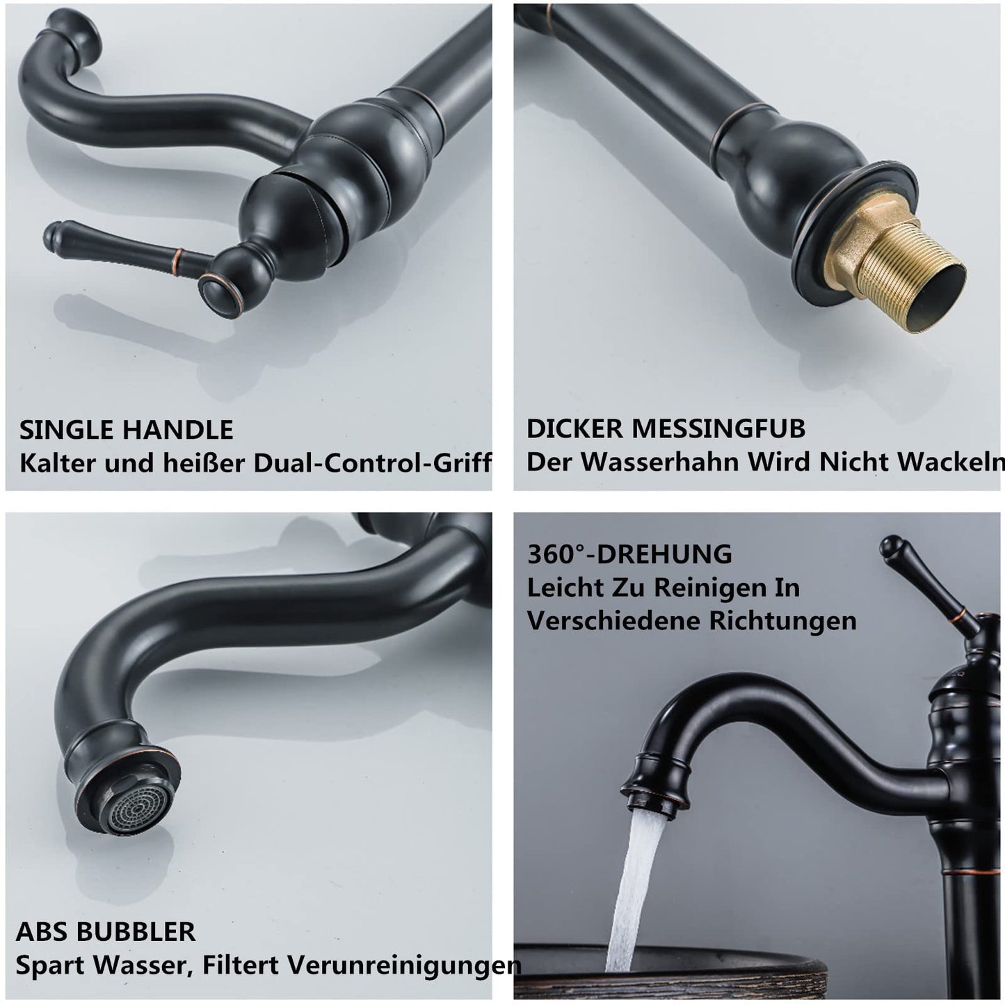 FWZZQ Black Retro Bathroom Faucet, Basin Faucet High 360° Swivel, Single Handle Sink Faucets, Nostalgic Brass Bathroom Mixer Tap for Bathroom