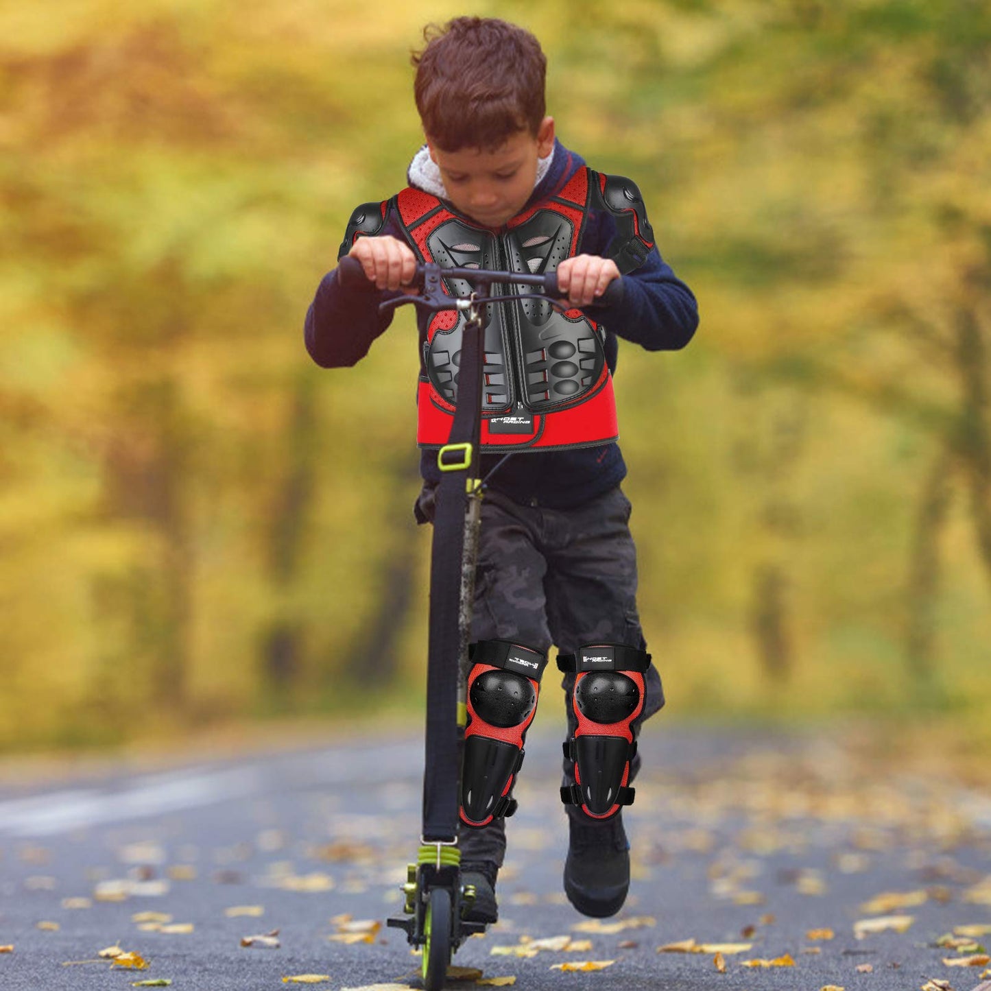 JUSTDOLIFE Motorcycle Protective Jacket, Kids Motorcycle Armor with Knee Pads Elbow Pads Chest Protector Racing for Outdoor Sports - 4/6/8/10/12/14 Years (Red)