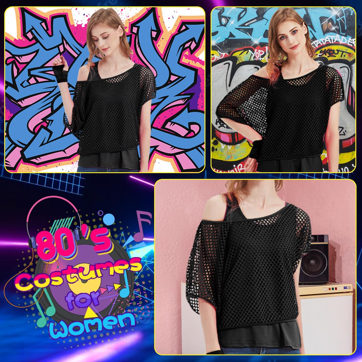 WILDPARTY 80s 90s Outfit Women, Mesh shirt, Tank top, Leg warmers, Fishnet gloves, 80s Costume Mesh Top Women Tops Neon Shirt 80s Aerobic Outfit Clothing Theme Party Clothes