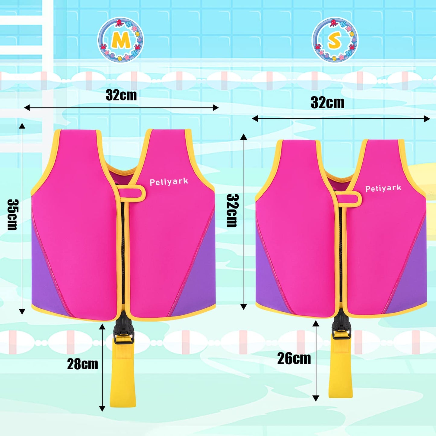 Petiyark Adjustable Kids Swim Vest, Neoprene Swim Aid for Children, Lightweight and comfortable, Supports swim training, Suitable for boys and girls aged 3-6 years - Pink.