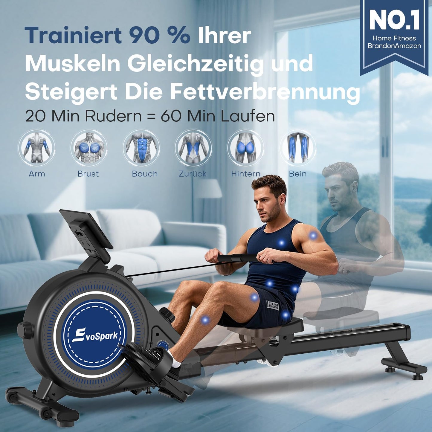 Home rowing machine, EvoSpark Magnetic Rowing Machine, with 16 resistance levels and dual-slide rail. Easy to assemble, supports up to 160kg.