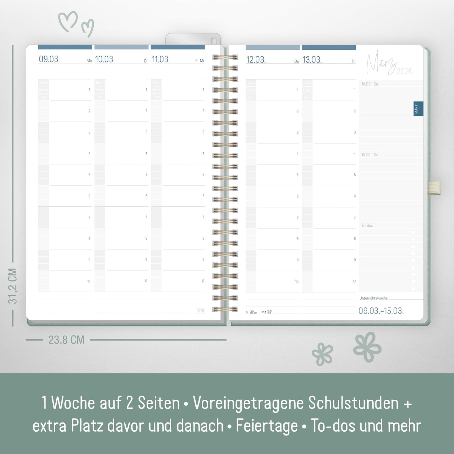 Häfft® Teacher Planner 2025/2026 A4 + Deluxe "Green Canvas" Hardcover Teacher Planner, large school year planner with spiral binding, school planner - sustainable & environmentally friendly.