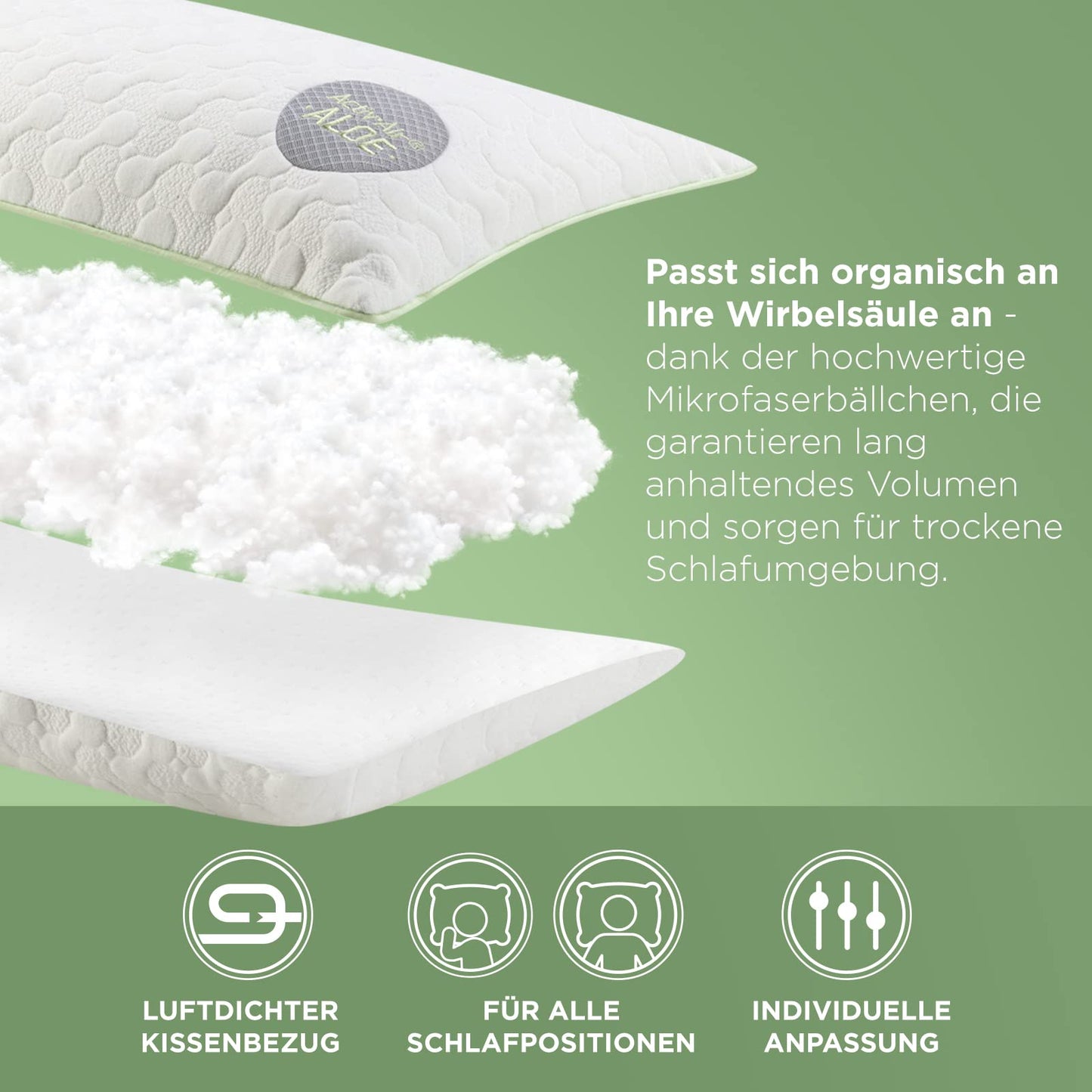 Pillow 40 x 80 Aloe Vera - Cool in summer, warm in winter - No.1. Side sleeper pillow with soothing effect - Very breathable.