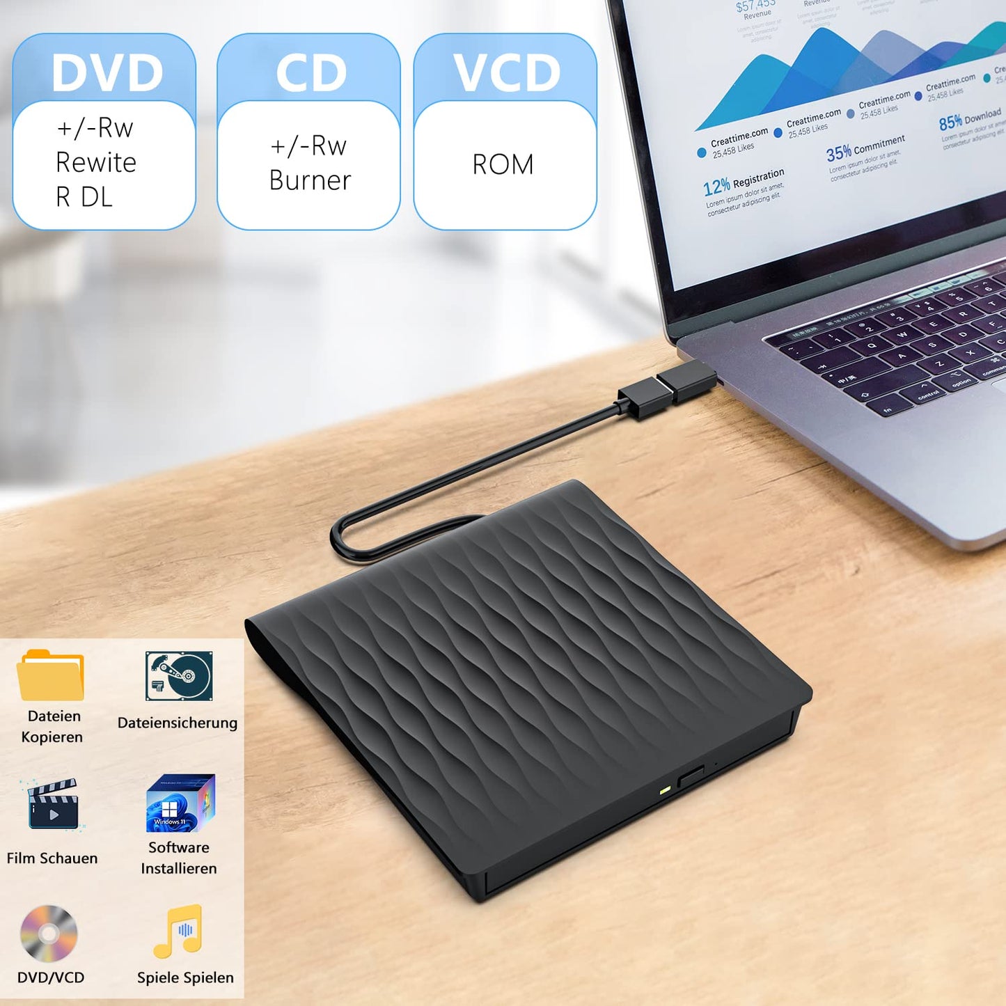LPUNCD External DVD CD Drive External USB 3.0 & Type-C, 2025 Upgrade External DVD Drive for Laptop External CD/DVD Burner +/-RW for Desktop, Compatible with Windows 11/10/XP/8/7/Vista/Linux/MacOS