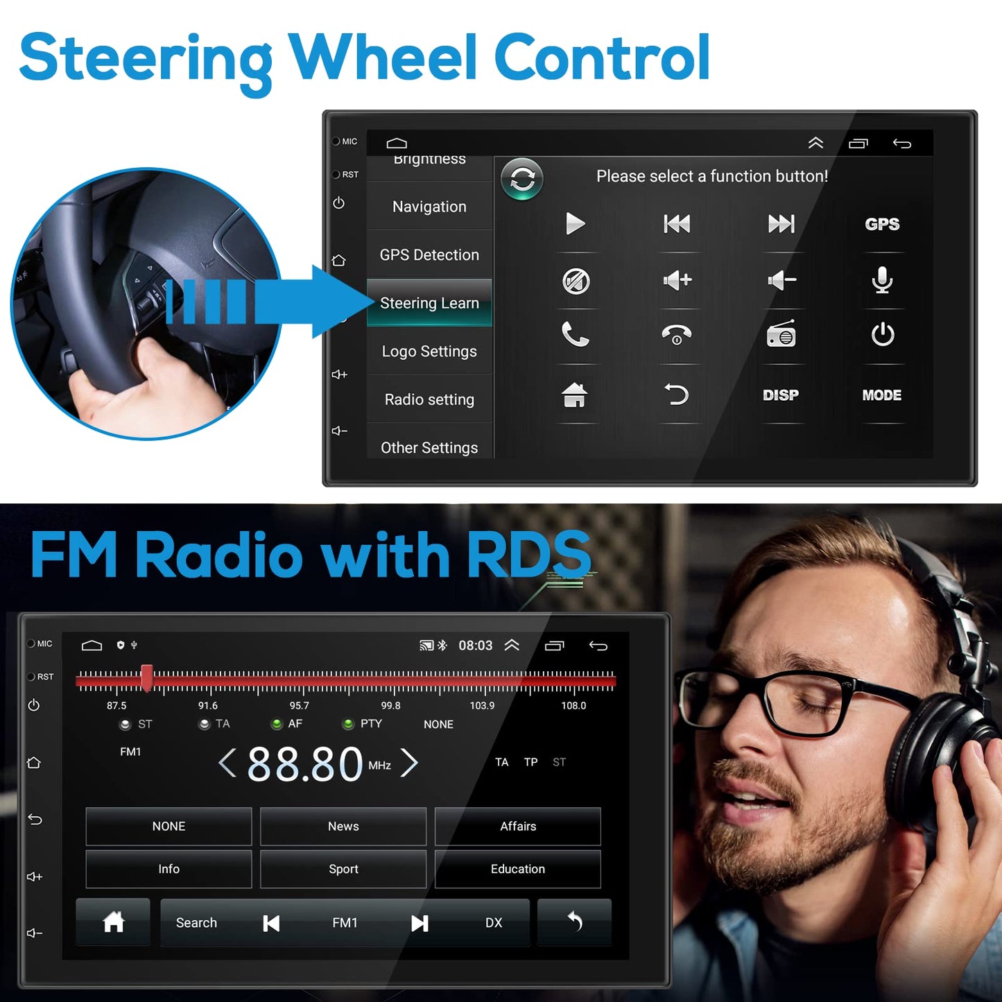 Android double DIN car stereo with Carplay, wireless Android Auto, 7-inch touchscreen, Bluetooth/GPS navigation, FM RDS radio. Car multimedia player with WiFi, USB, and rearview camera.