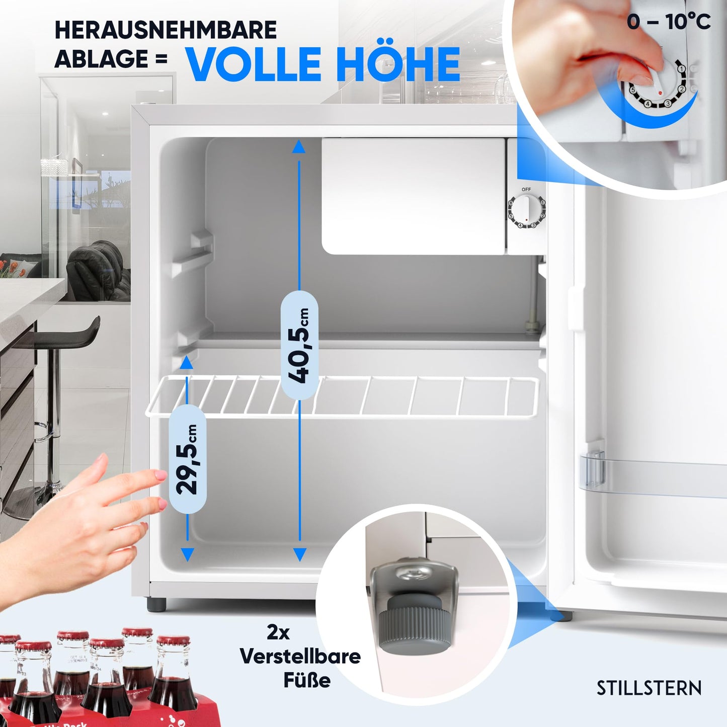 Stillstern Mini Fridge 45L with defrost function, lock, freezer compartment, quiet operation, ideal for kitchen, office, bedroom, hotels, and small apartments. Small refrigerator, minibar, beverage cooler in white.