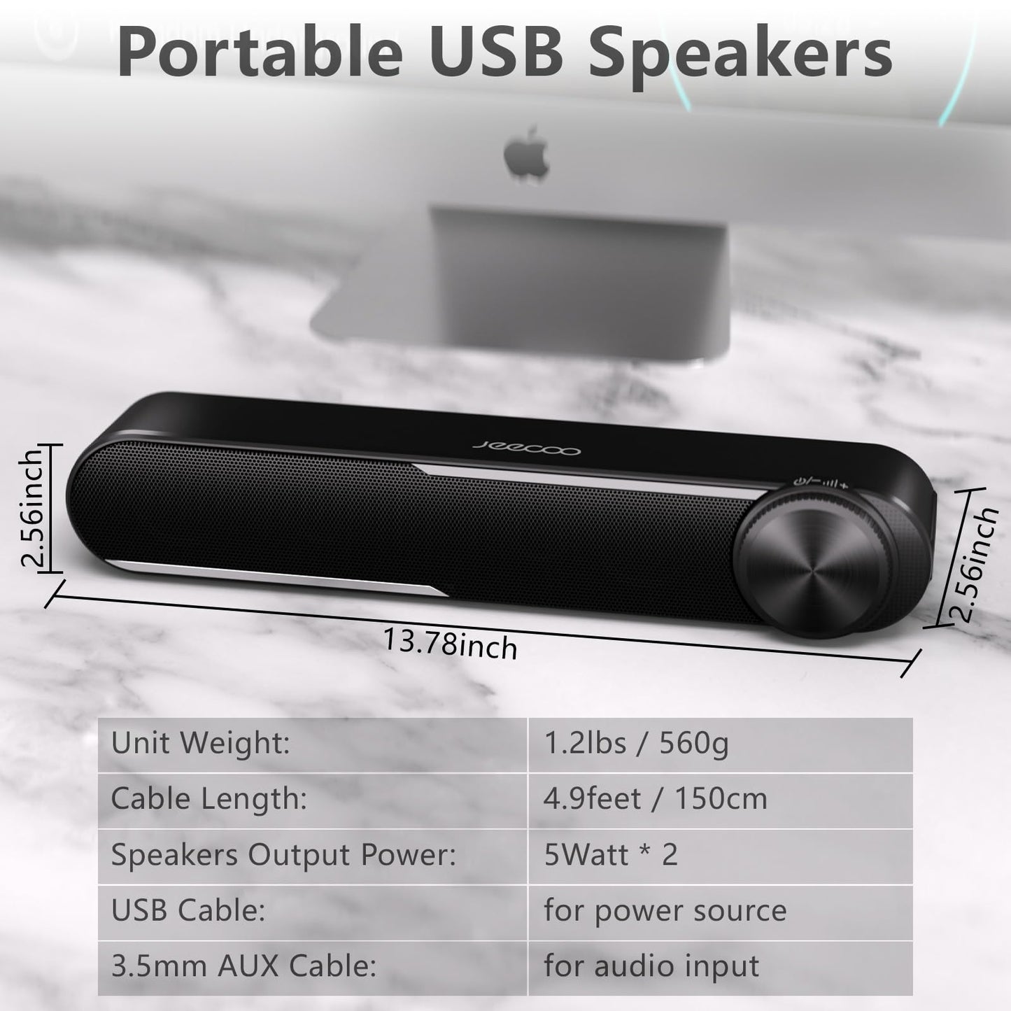 Jeecoo A30 PC speakers, computer speakers for PC, USB powered PC soundbar in black. Speakers for PC, laptop, monitor, iPad, tablets, smartphone (USB+3.5mm)
