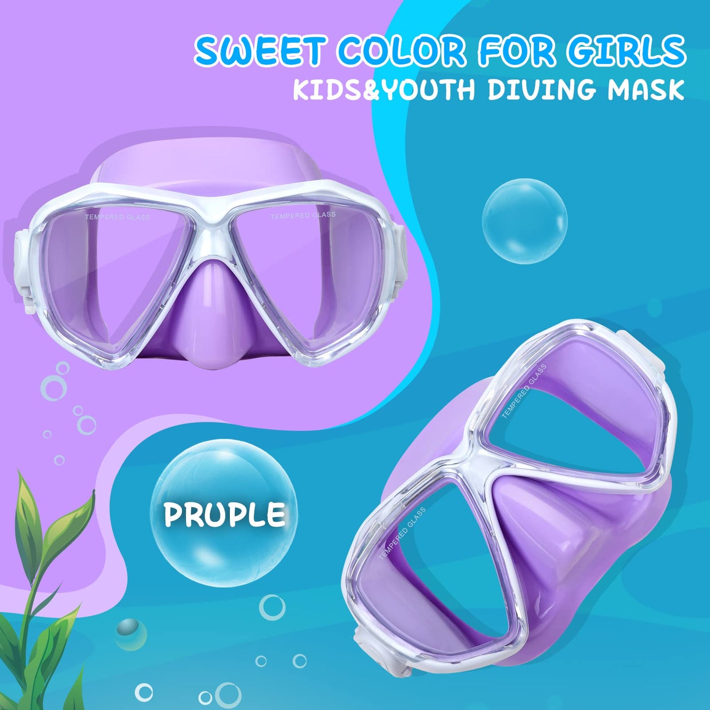 Children Diving Mask, 180° Anti-Fog Kids Swim Mask Tempered Glass Swimming Goggles with Nose Guard Anti-Leak Diving Mask for 4-15 Boys Girls Youth (Purple)