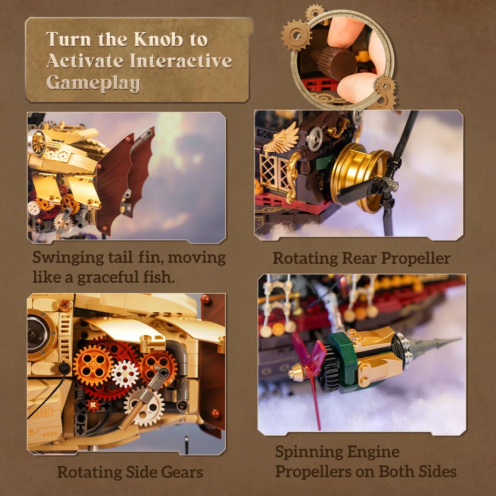 PANTASY Steampunk airship model kit for adults, two-layer Zeppelin with gear mechanism, DIY building block set, retro sci-fi construction toy for collectors & display.