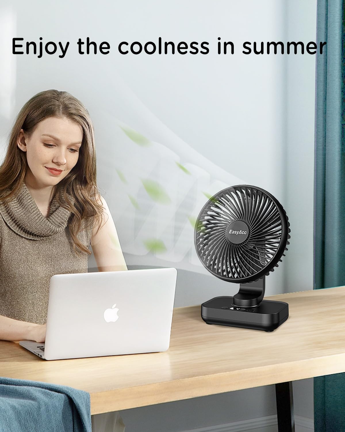 EasyAcc Table Fan, 4000 Battery Automatic Oscillating Small USB Fan, Portable Rechargeable Base Fans with 4 Speeds for Camping, Office, Library, and Home - Black