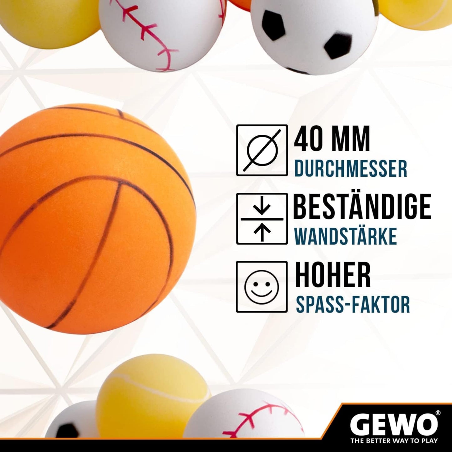 GEWO Sports-Mix Table Tennis Balls - Plastic Table Tennis Balls 40+ in Sport Design - 12 colorful, high-quality Ping Pong Balls - Various designs, 40+ mm diameter.