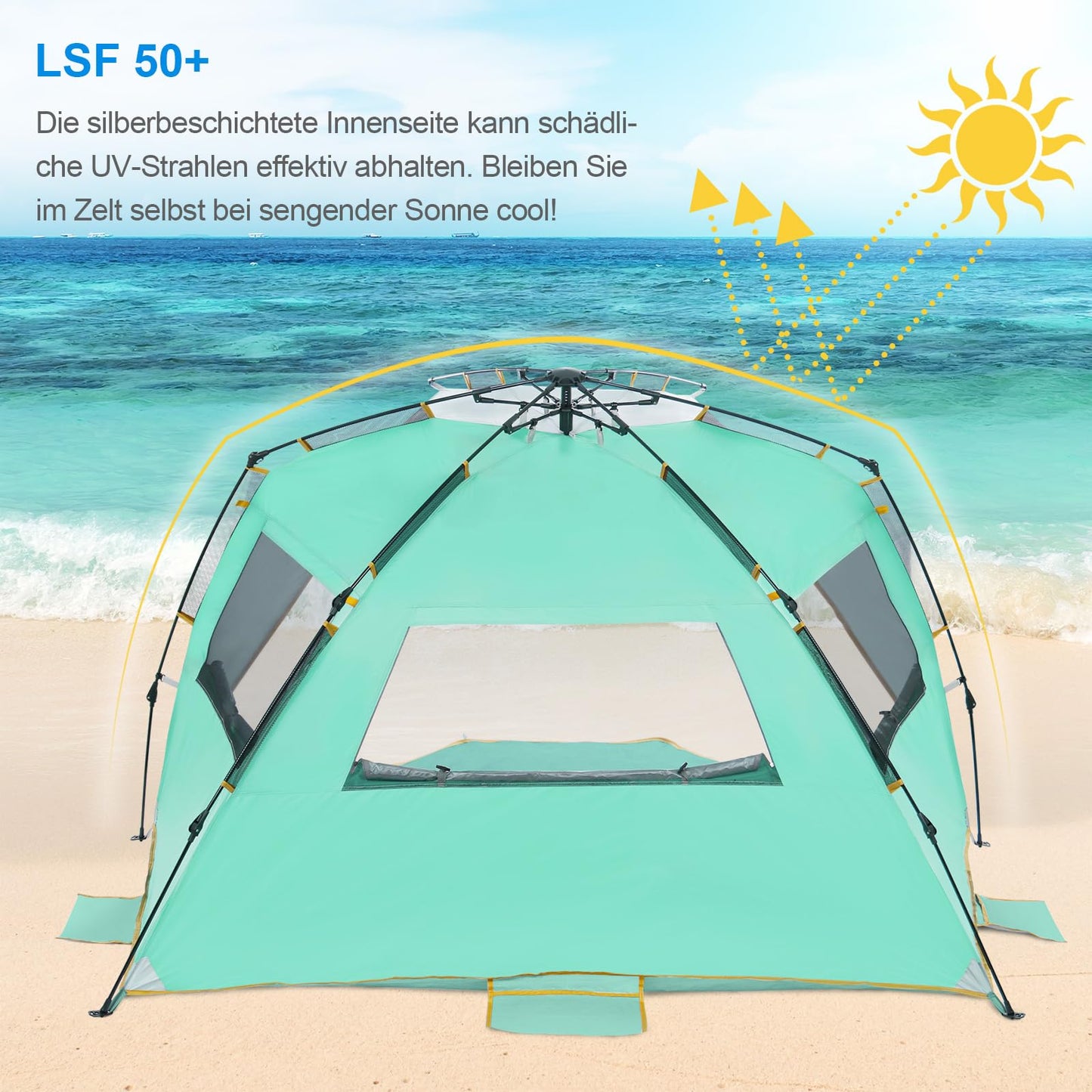 WolfWise beach tent with UV protection 50+, 4-5 people beach shelter with Quick-Up system, sun protection windbreak with expandable floor, automatic sun tent for family camping garden beach mint green.