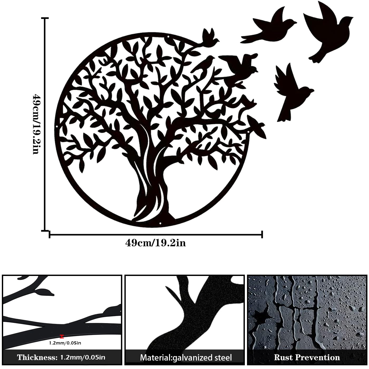 Luccyle metal wall art, Metal Tree of Life wall decoration silhouette, family tree with birds on branch, home decor for bedroom, living room, kitchen (Black, 49x49cm)