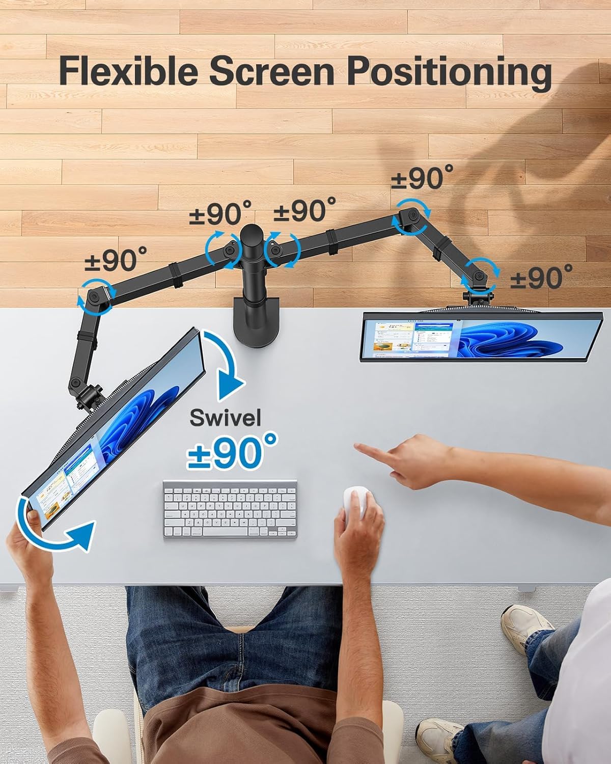 HUANUO dual monitor stand for 13 to 32 inch screens, height adjustable, tilt, swivel, rotate, extended arm for two monitors, VESA 75/100.