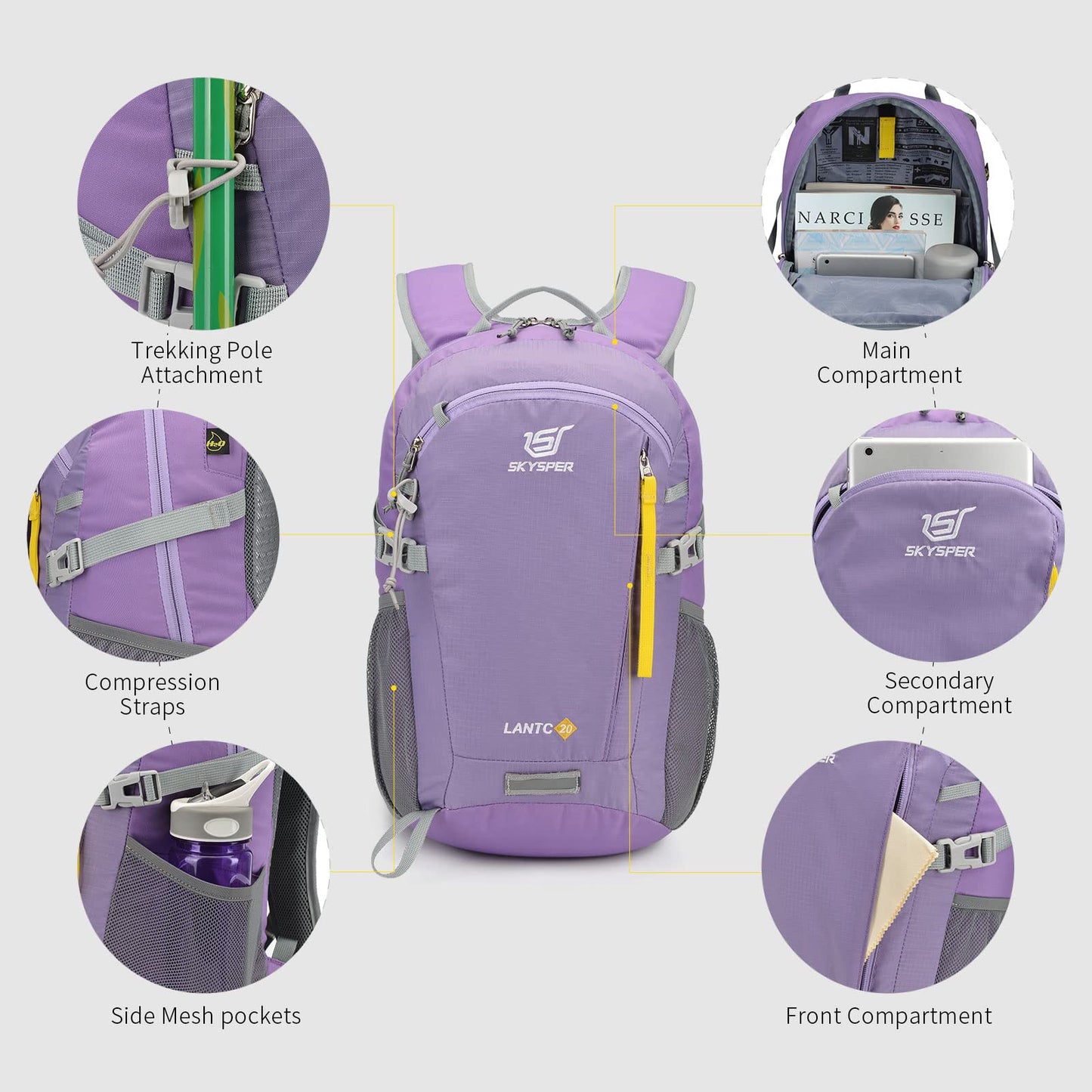 SKYSPER lightweight hiking backpack with back ventilation, made of breathable 3D Air Mesh polyester. Perfect for camping, outdoor activities, and hiking.