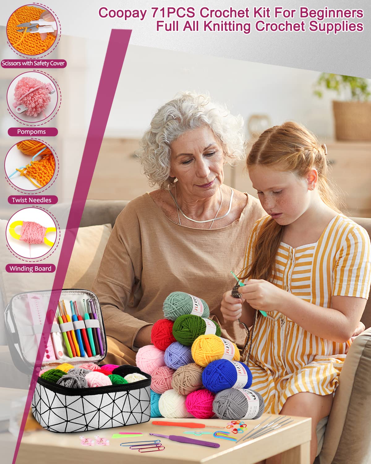 Coopay crochet set for beginners, 71 pieces crochet hook set with bag and yarn, premium crochet set with knitting accessories and yarn, 0.6-6.0mm crochet hook set, complete crochet for beginners gifts, silver