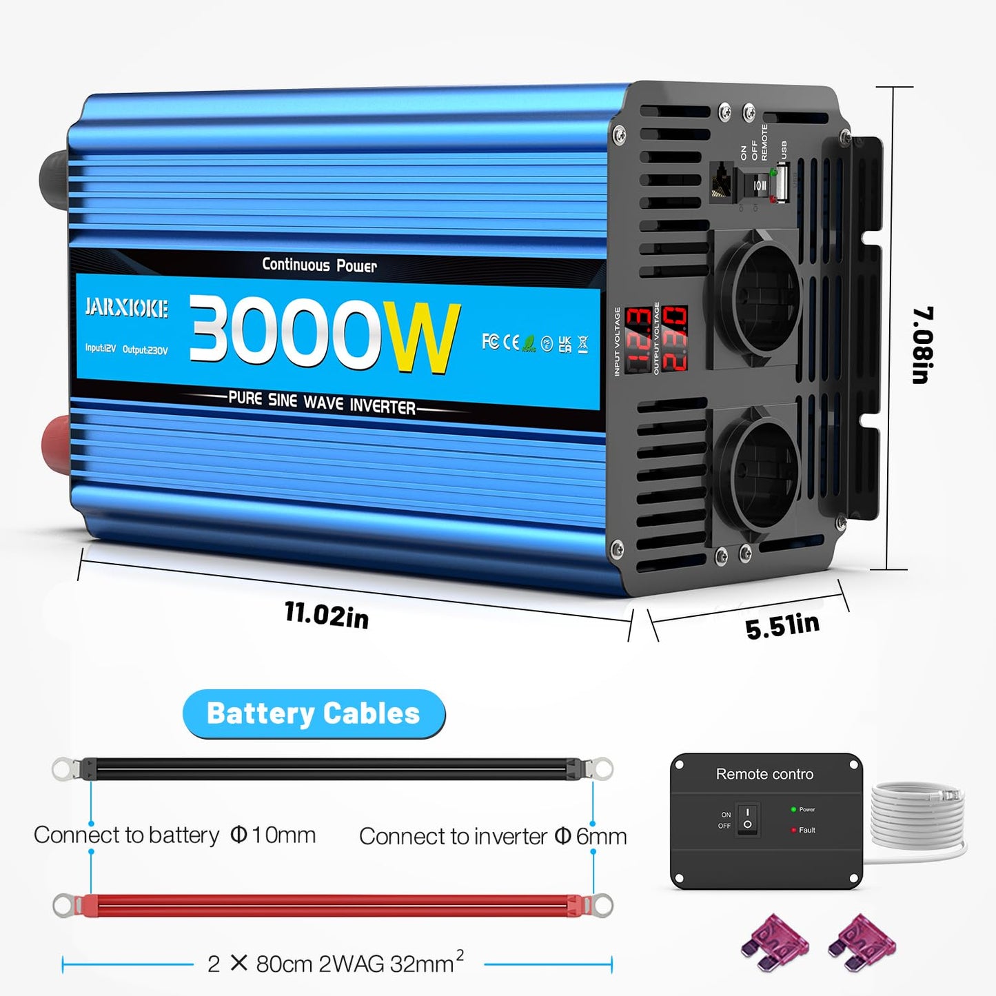 12V to 230V inverter 3000W/6000W Pure Sine Wave Power Converter with remote control, LED display, EU AC outlets, USB port. Perfect for car, camper, boat, camping, power outage.