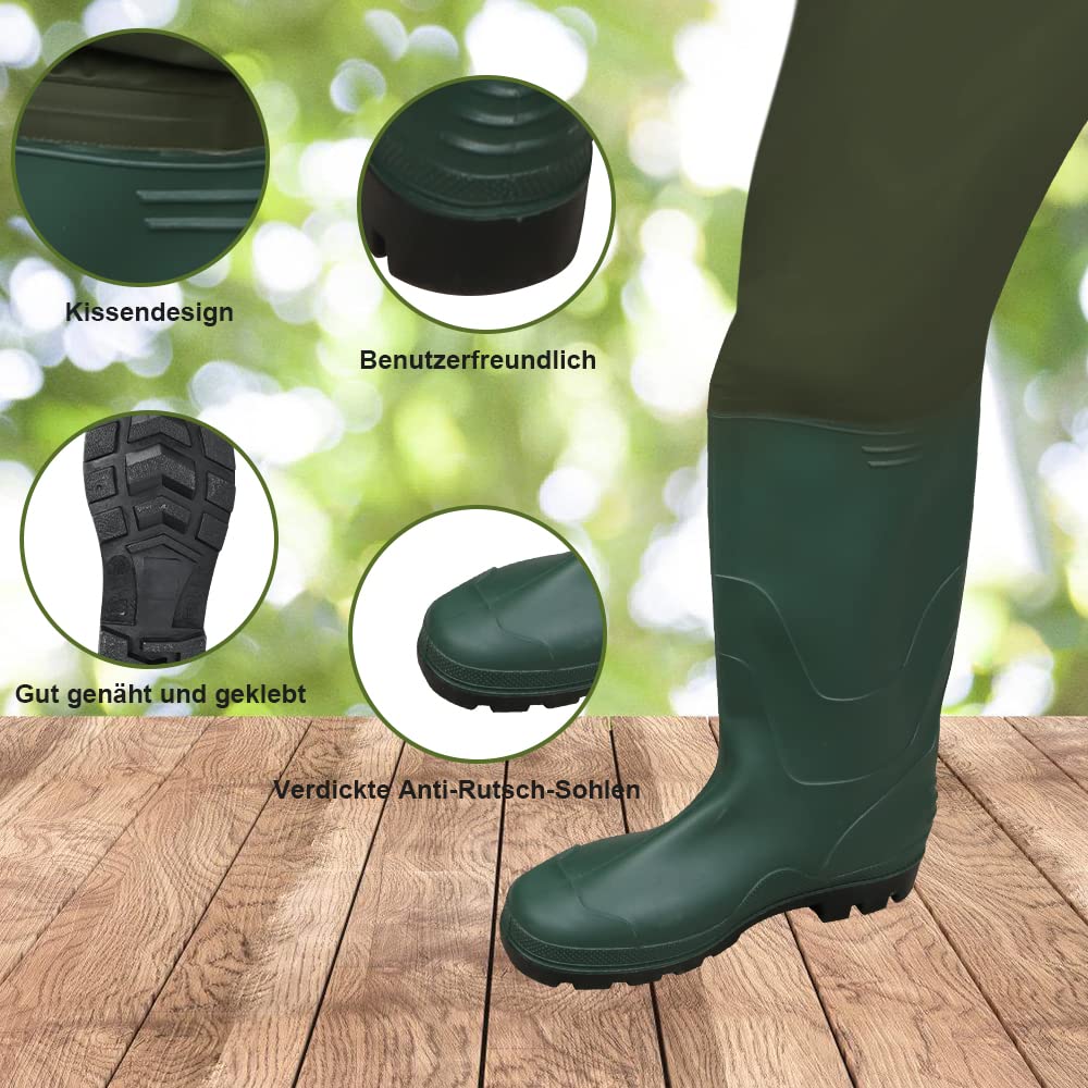 Jiubiaz 70D Nylon Composite PVC Waders with non-slip rubber boots. Ideal for construction sites, fishing, farms, and gardens. Suitable for ponds and floodwaters. Size M.
