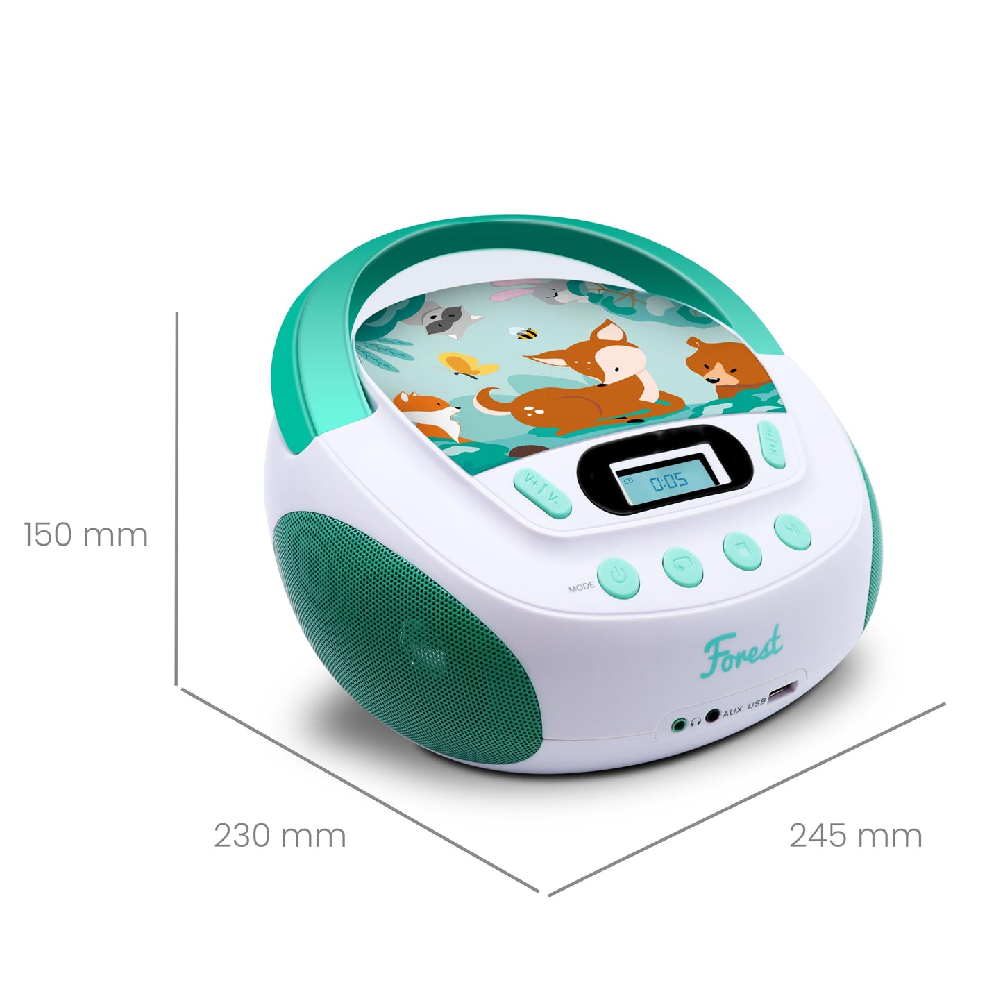 mooov 477147 CD player for kids with speakers, USB, headphone jack, AUX-IN port - Boombox CD player portable - AC or battery powered - Forest model - Green/White