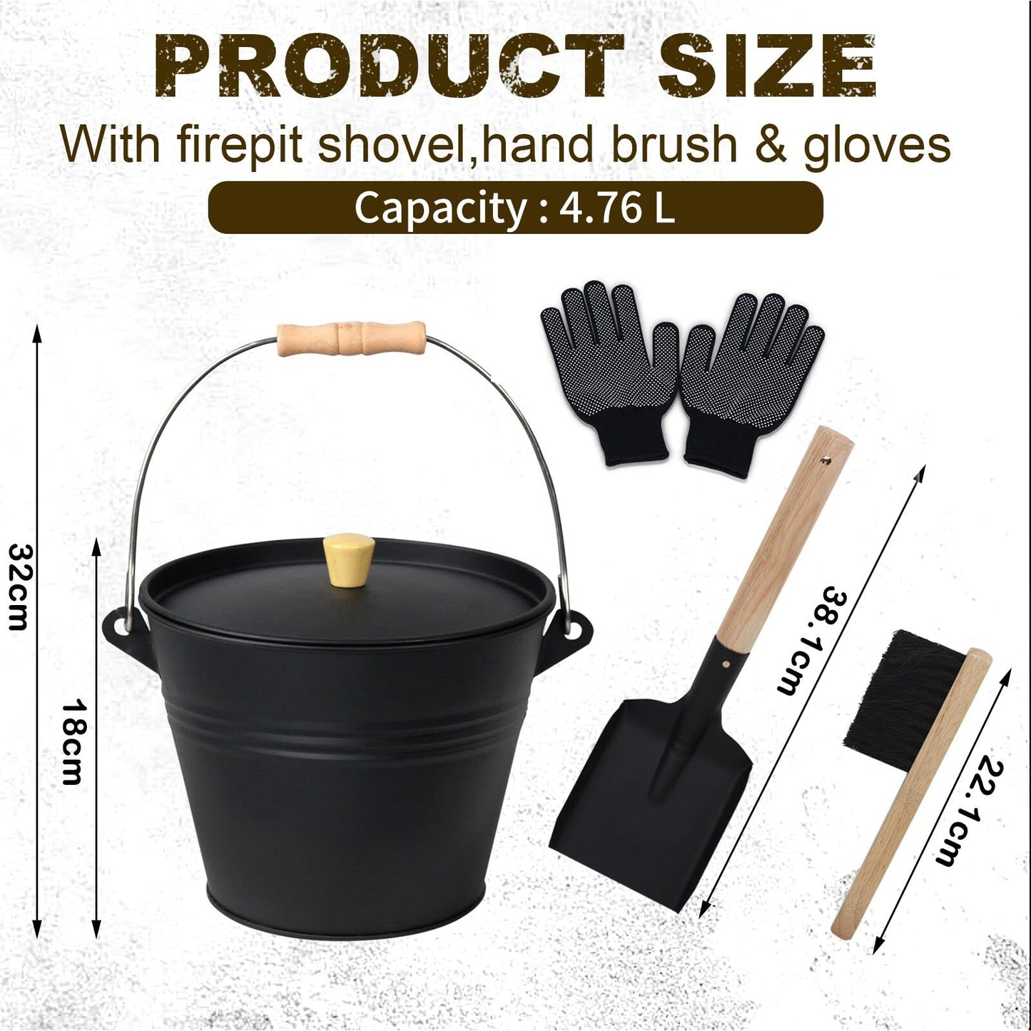BRIAN & DANY ash bucket with lid, Round coal bucket for fireplaces, 5L bucket with shovel and hand broom, Tool set accessories for fireplace, fire pit, wood stove.