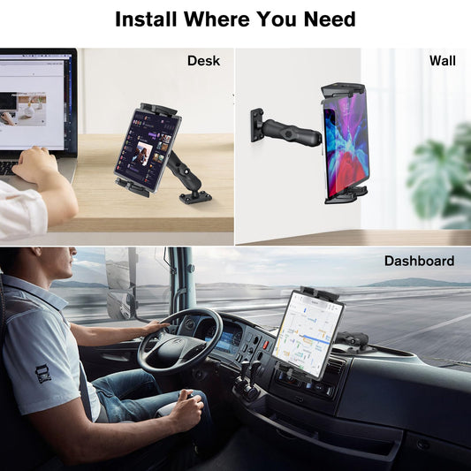 OHLPRO Tablet Holder for Car with High Performance Drill Base, Truck Tablet Holder 360° Rotatable Clamp Compatible with 5-13 inch iPad, Pro, Mini, Samsung Tab, Sturdy iPad Holder, Black