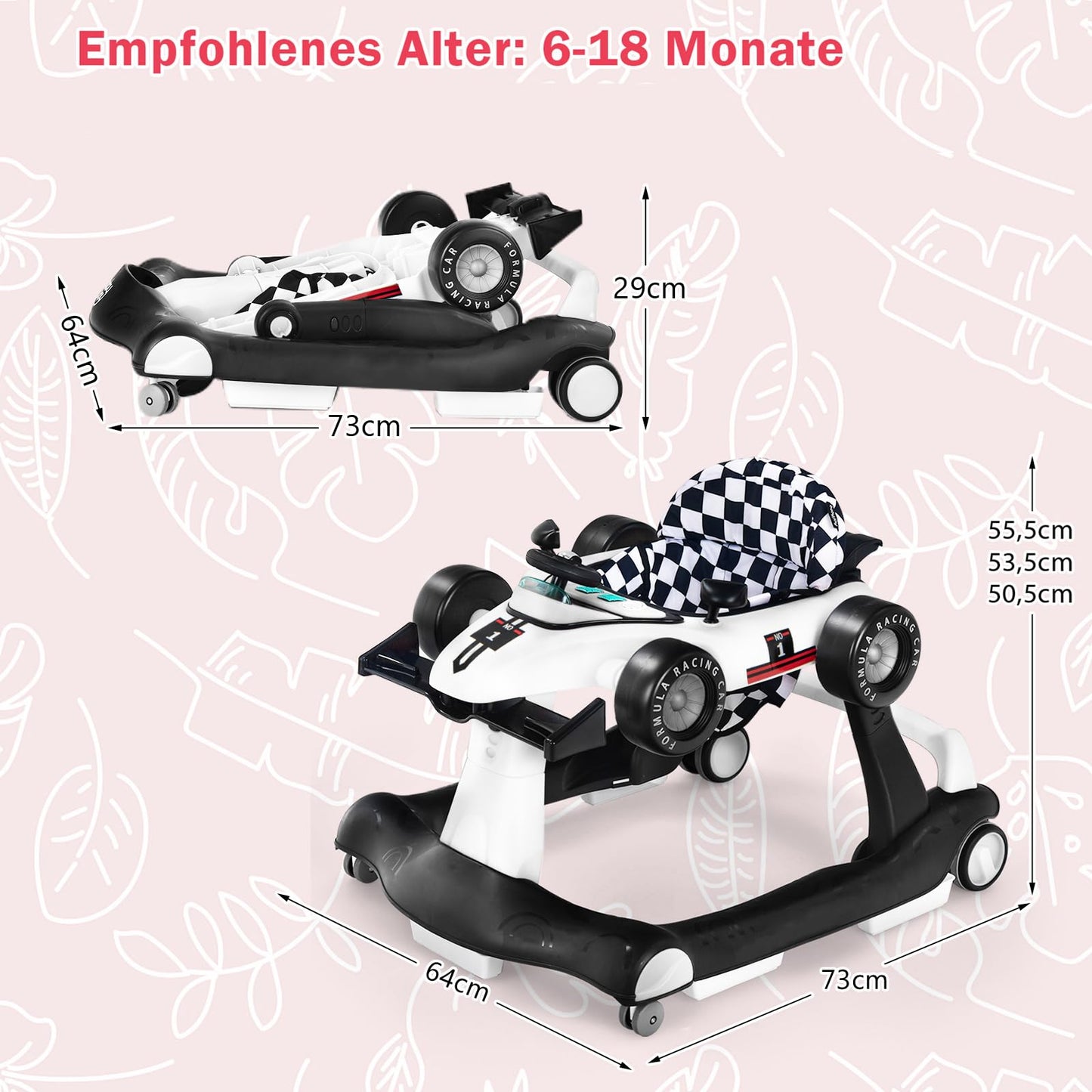 COSTWAY 4 in 1 Baby Walker, foldable with adjustable height & speed. Features music box, lights, and wheels. Suitable for babies from 6 months old, can hold up to 12kg. Color: White.