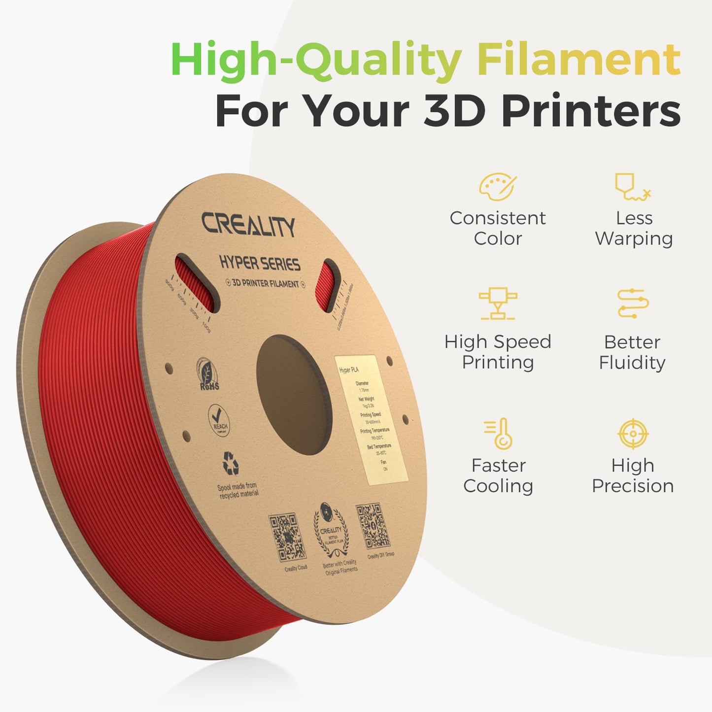 Creality Official Hyper PLA Filament Red 1KG, 3D Printer Filament for high-speed printing, durable and resilient, smooth, overhang performance dimensional accuracy +/-0.03mm, 2.2lbs/Spool.