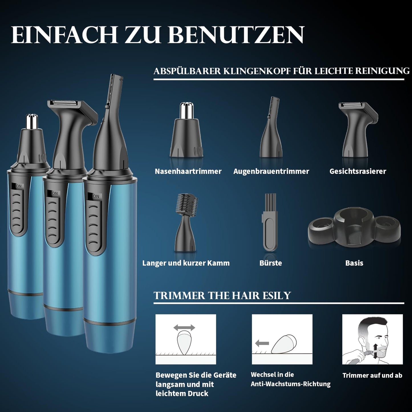 Nose Hair Trimmer Men, 3 in 1 Professional Ear Hair Trimmer and Nose Hair Remover for Men and Women, USB Rechargeable, Dual Blades, IPX7 Waterproof, Easy Cleaning, Blue