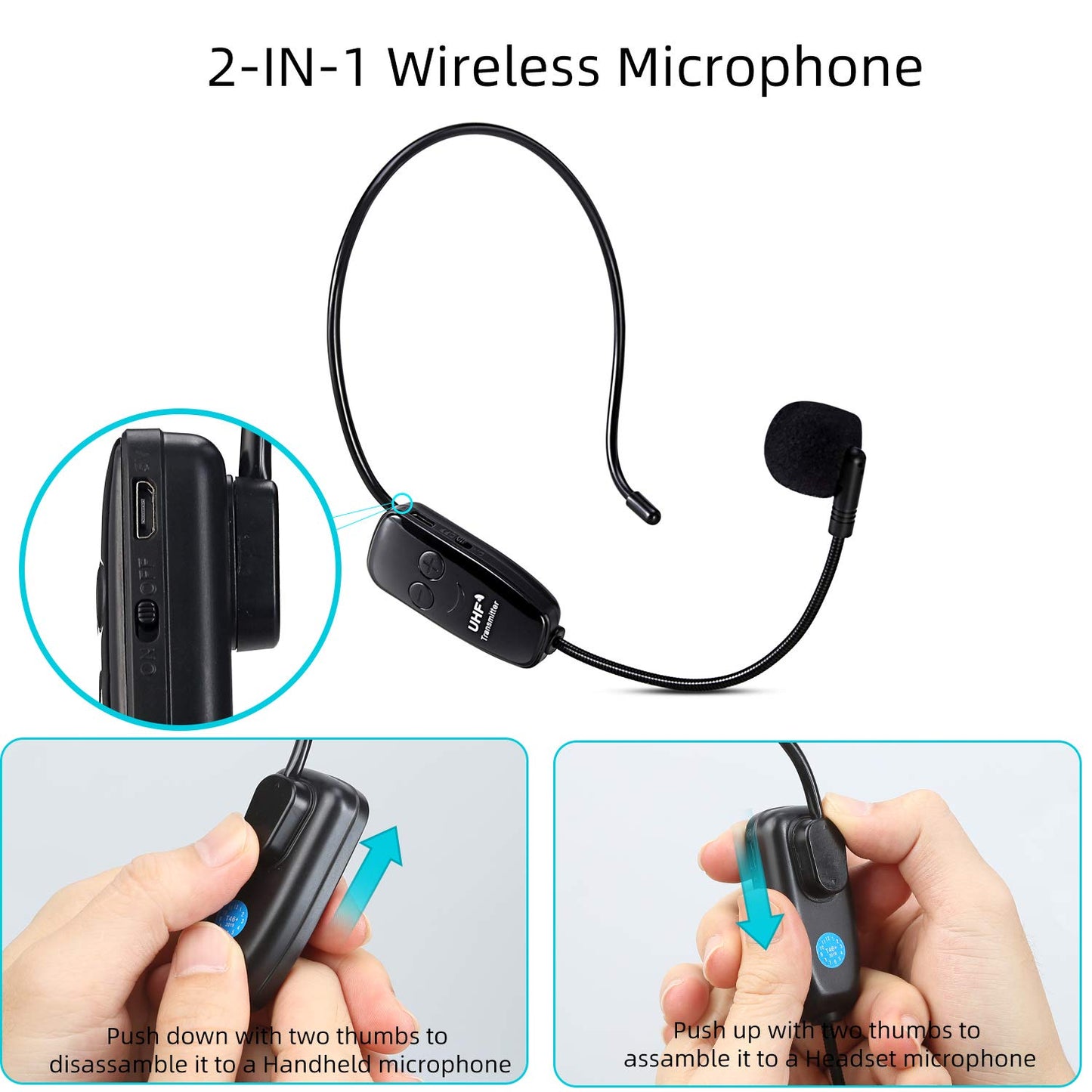 Wireless UHF microphone, Professional rechargeable wireless microphone headsets voice amplifier head mounted microphone voice amplifier with receiver.