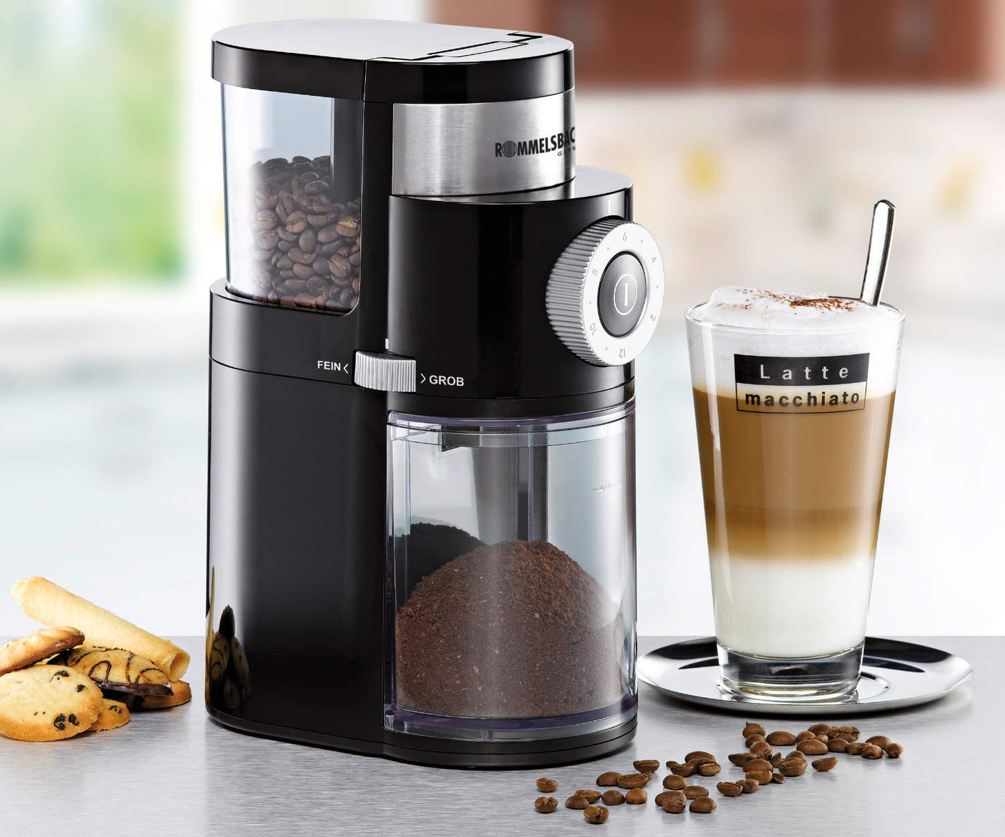 ROMMELSBACHER coffee grinder EKM 200 - gentle grinding with disc grinder, adjustable grind level from coarse to fine, 2-12 cups, 250g bean container capacity, 110 watts, black