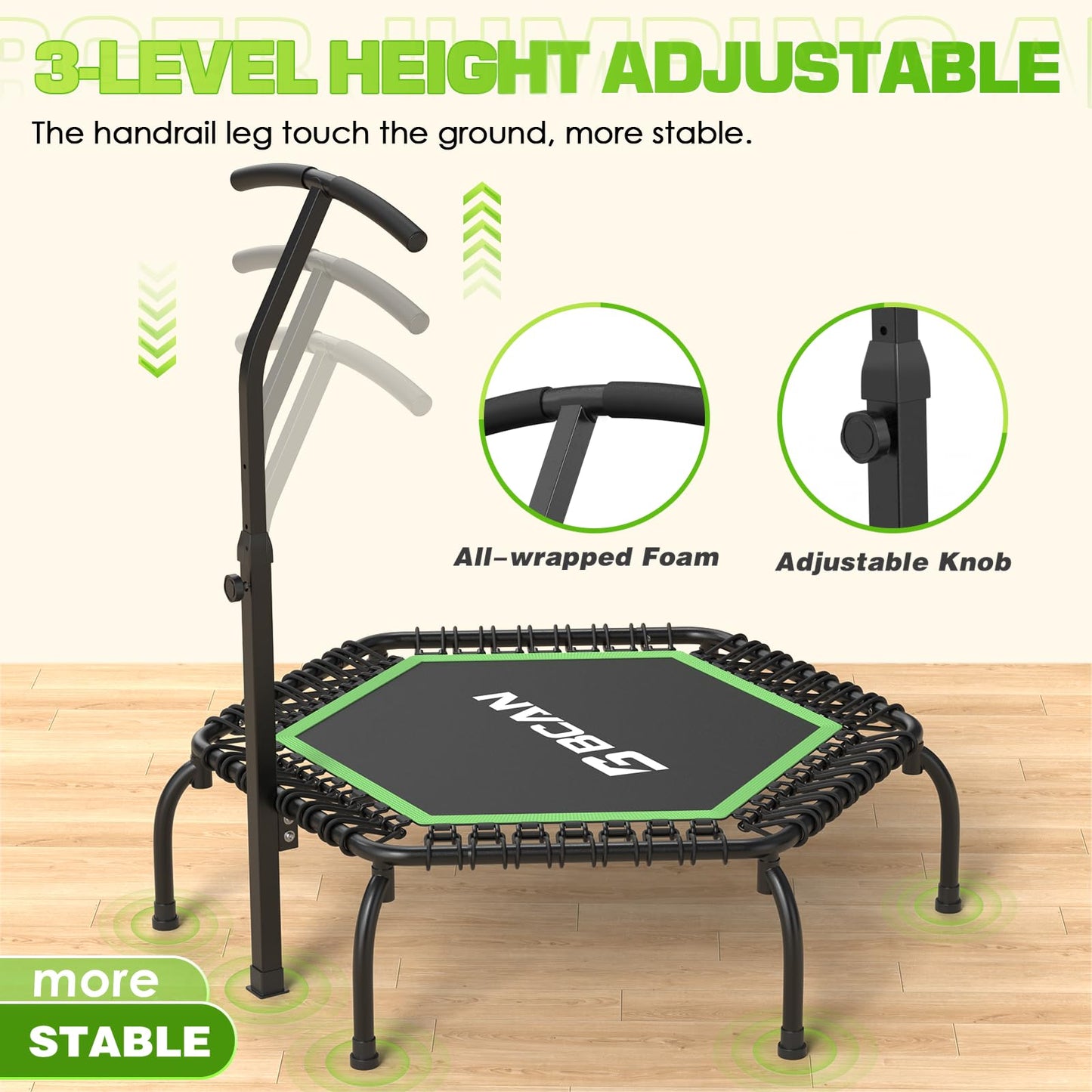 BCAN Fitness Trampoline Indoor Γ 122 cm, Trampoline for Adults up to 250 kg, Ground Trampoline with Adjustable T-Handle & 42 Bungee Cords, Quiet & Low in vibrations.