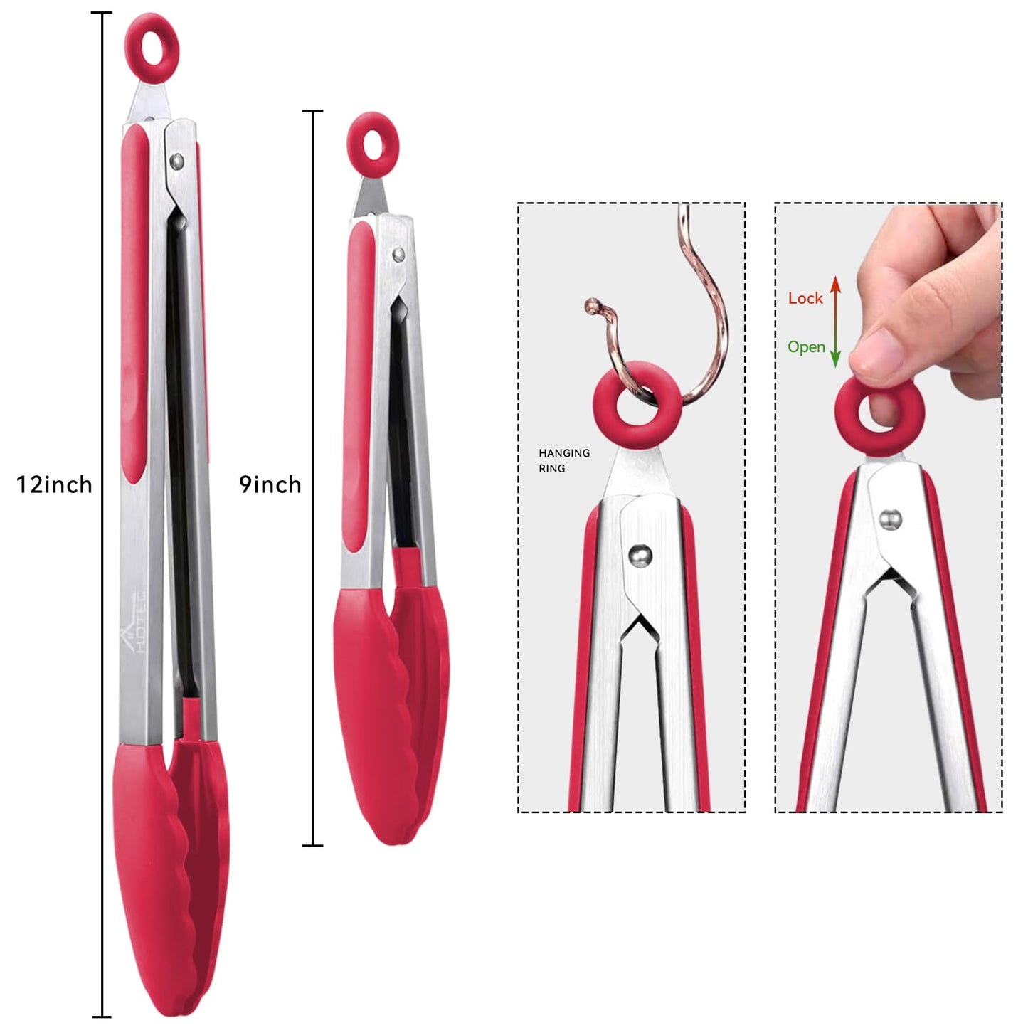 HOTEC High-quality stainless steel kitchen tongs with silicone tips, set of 2 - 9" and 12" (red)