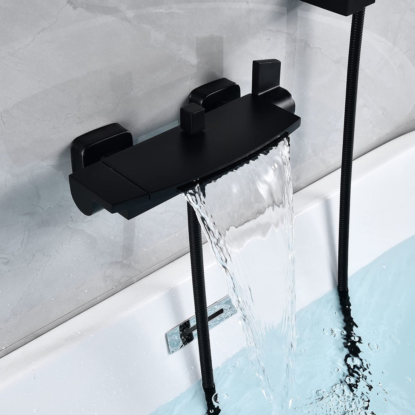 Bathtub faucet waterfall black, bathtub faucet with handheld shower, brass material tub faucet with shower bathtub wall faucet bathtub faucet black matte (black)