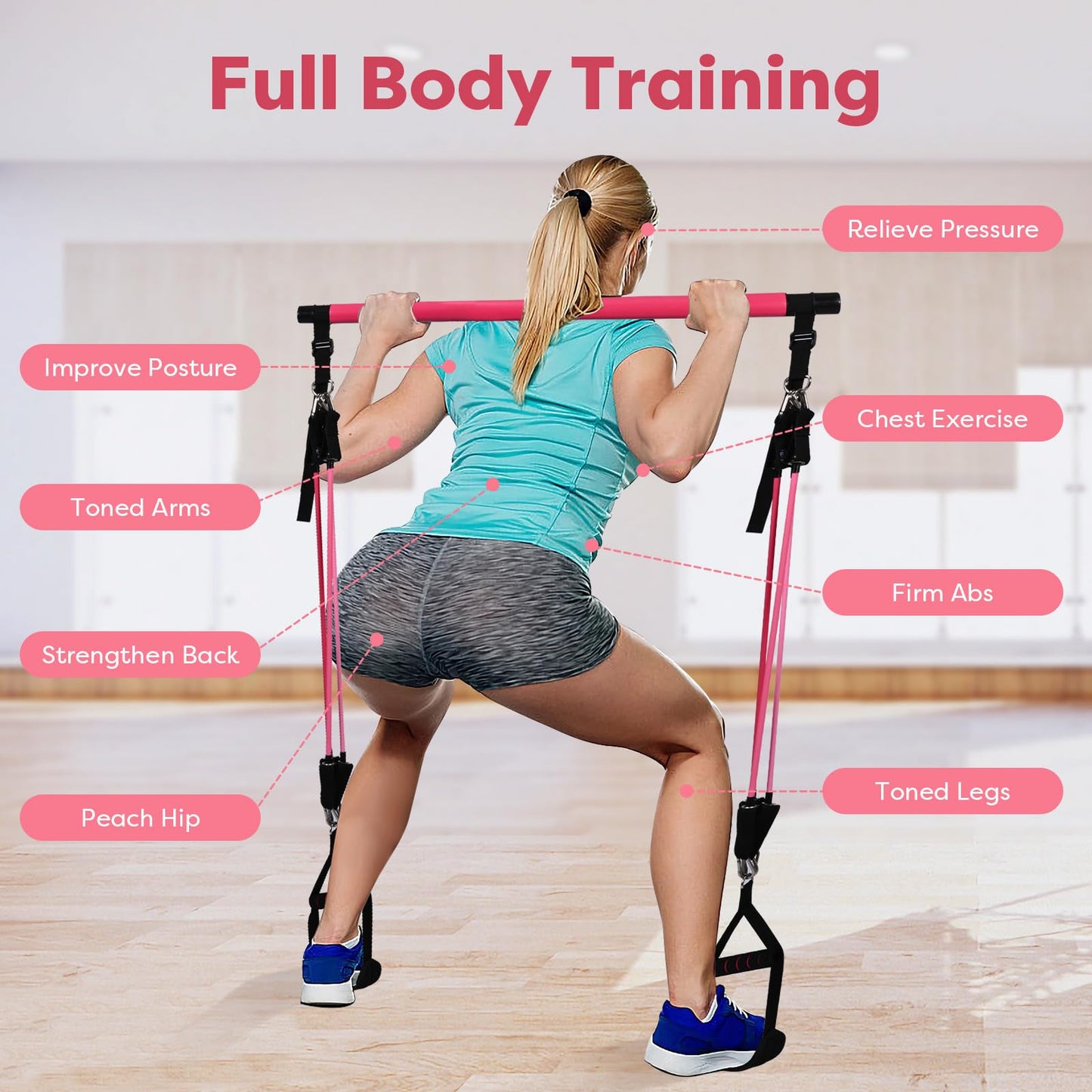 Adjustable Pilates Bar Kit with 6 resistance bands foam handle ankle straps and door anchor for legs hips portable fitness equipment for home for yoga Pilates Stretch shaping Rose