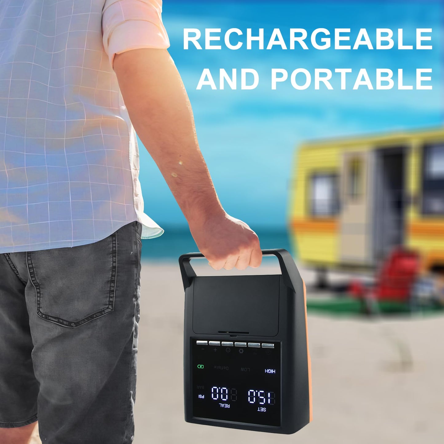 Mojimdo Electric SUP Pump Battery, 20PSI Rechargeable Air Pump, Power Bank and Emergency Light, Auto-Off, 12V DC & Type-C, with 6 Nozzles, for Stand Up Paddle Boards, Kayaks, Tents, Mattresses.