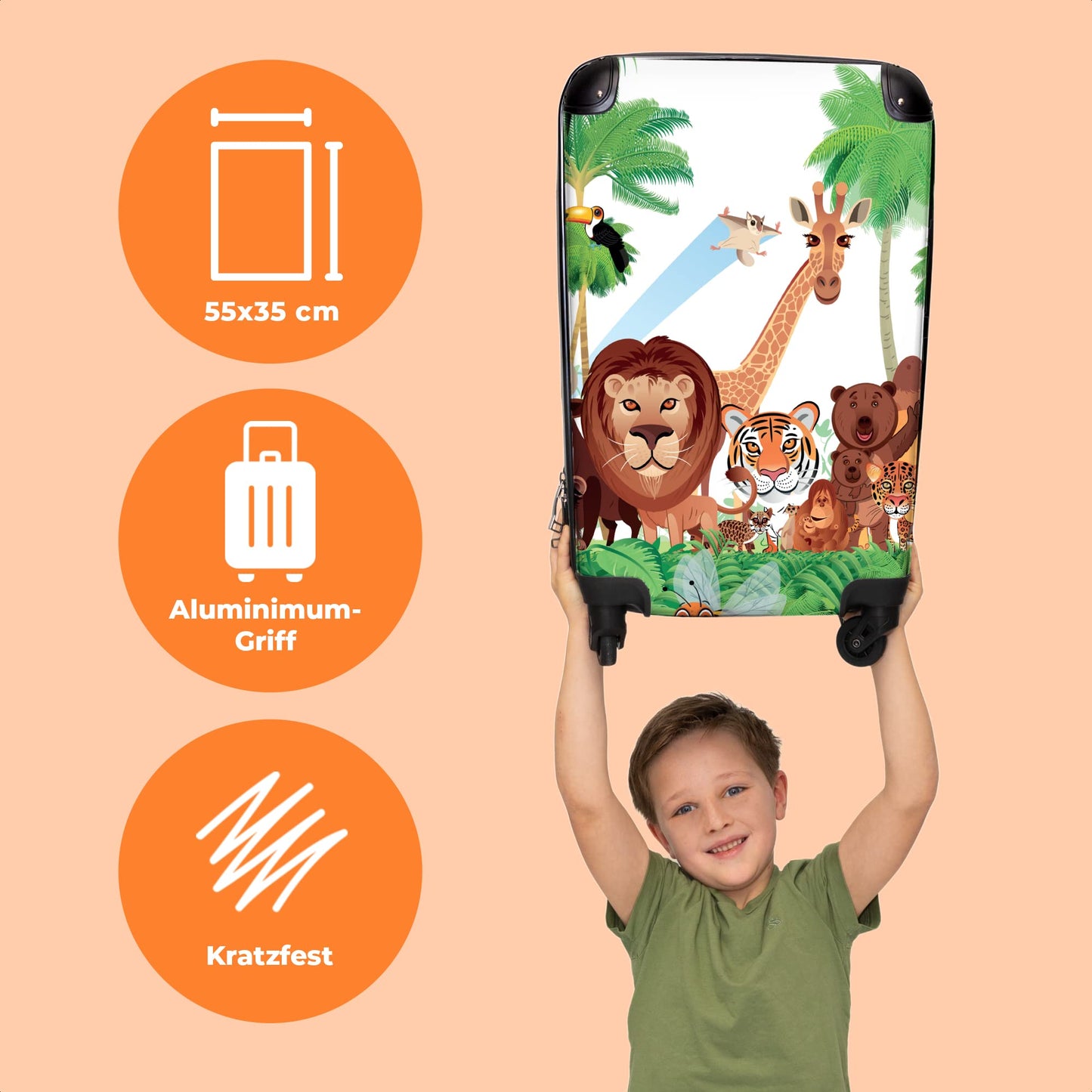 NoBoringSuitcases.com® Kids' carry-on suitcase featuring fun trolli gifts inspired jungle design with a tiger and lion. Dimension: 55x35x20cm.