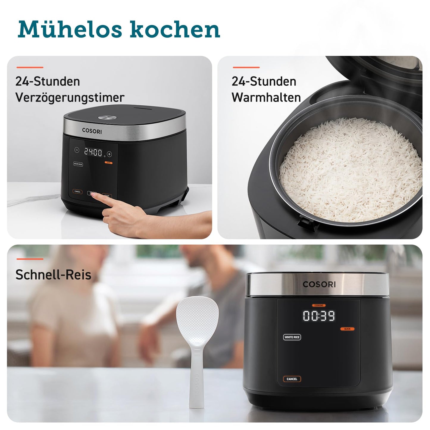 COSORI Rice Cooker, Multicooker with 17 programs, 5L Rice Cooker, Fuzzy Logic, Steamer with Stainless Steel Insert, Recipe Book, Slow Cooker, Premium Inner Pot, Keep Warm Function, Timer, Black