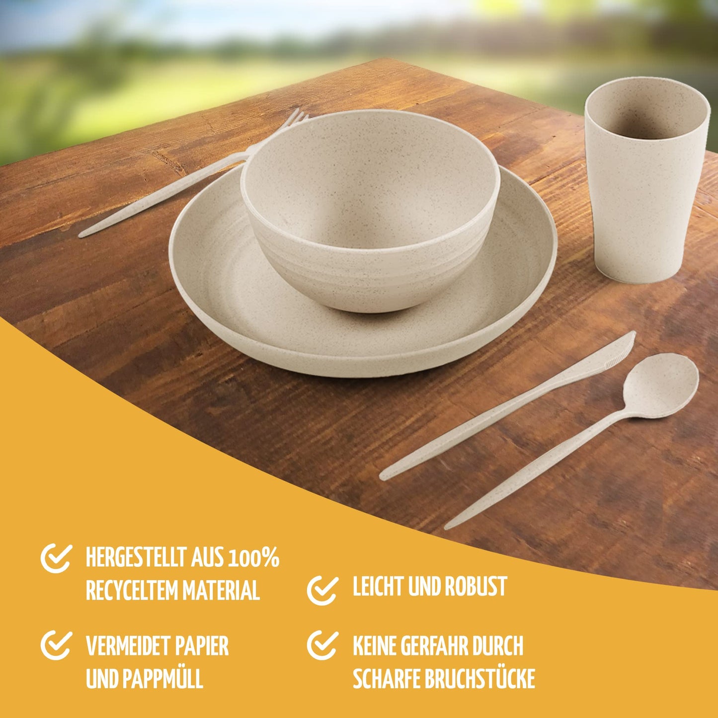 Ecofolks environmentally friendly camping dinnerware set -100% recycled material | Reusable, colorful, for RV, picnic, outdoor & kids | Color beige