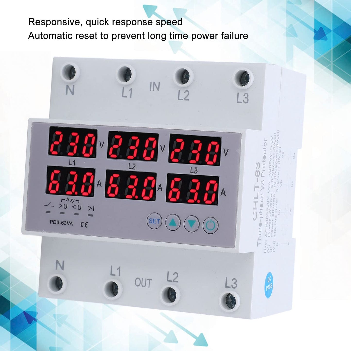 3-phase DIN rail voltmeter-ammeter multitester, AC 390-500V automatic overvoltage-overcurrent protection (63A)