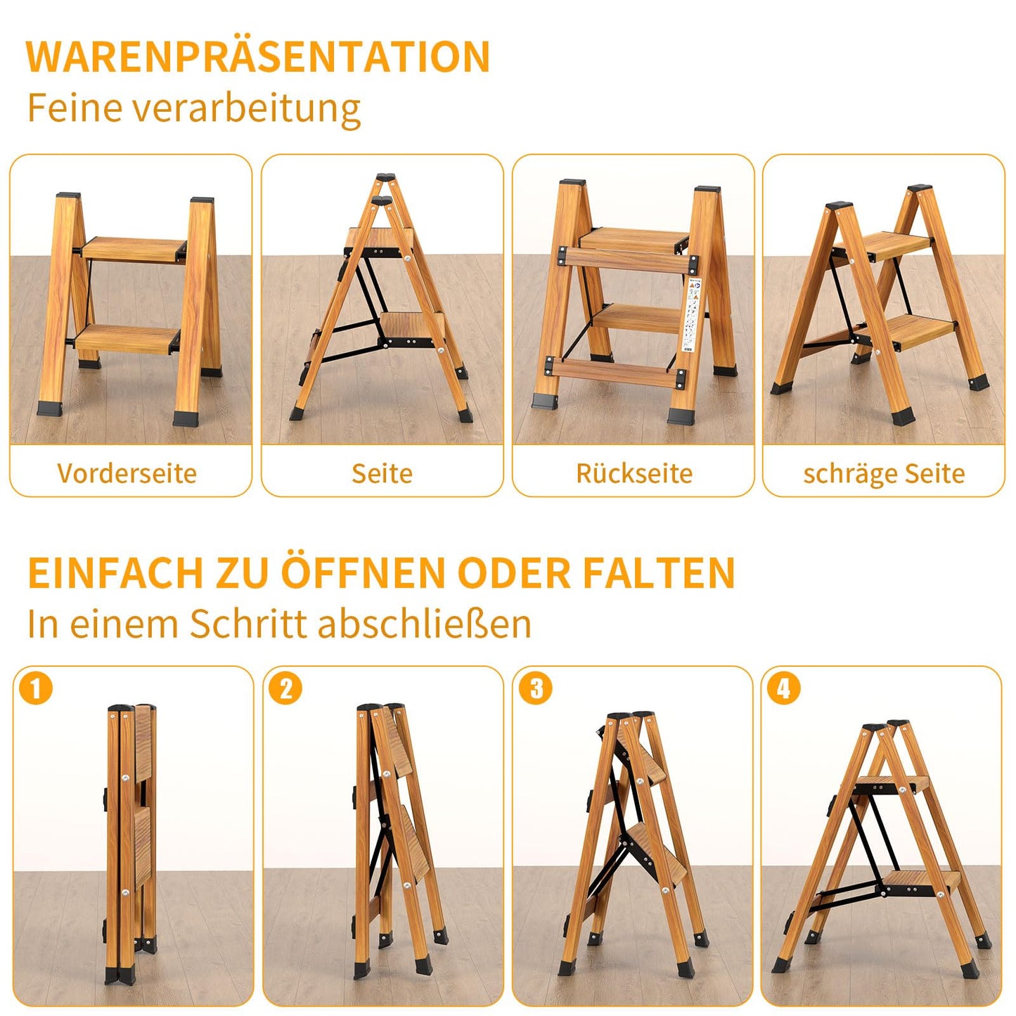 KULACO Folding 2 Step Ladder, Aluminum Foldable Ladder, Portable Step Ladder, Non-Slip Household Ladder, Multifunctional Ladder with Wood Grain Design for Home and Camping, Supports up to 150 kg.